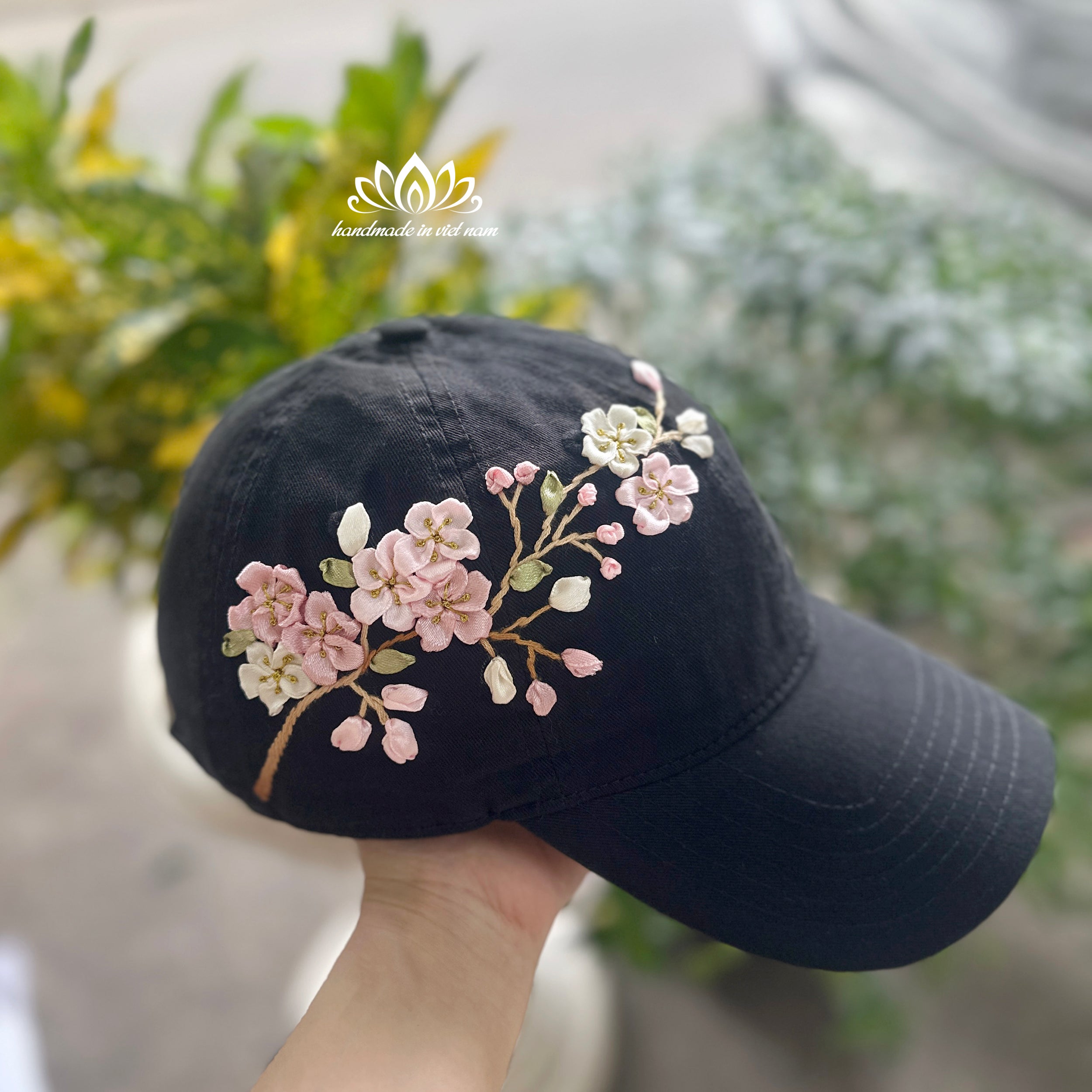 Cherry Blossom Ribbon Embroidered Baseball Cap | Floral Women's Cap