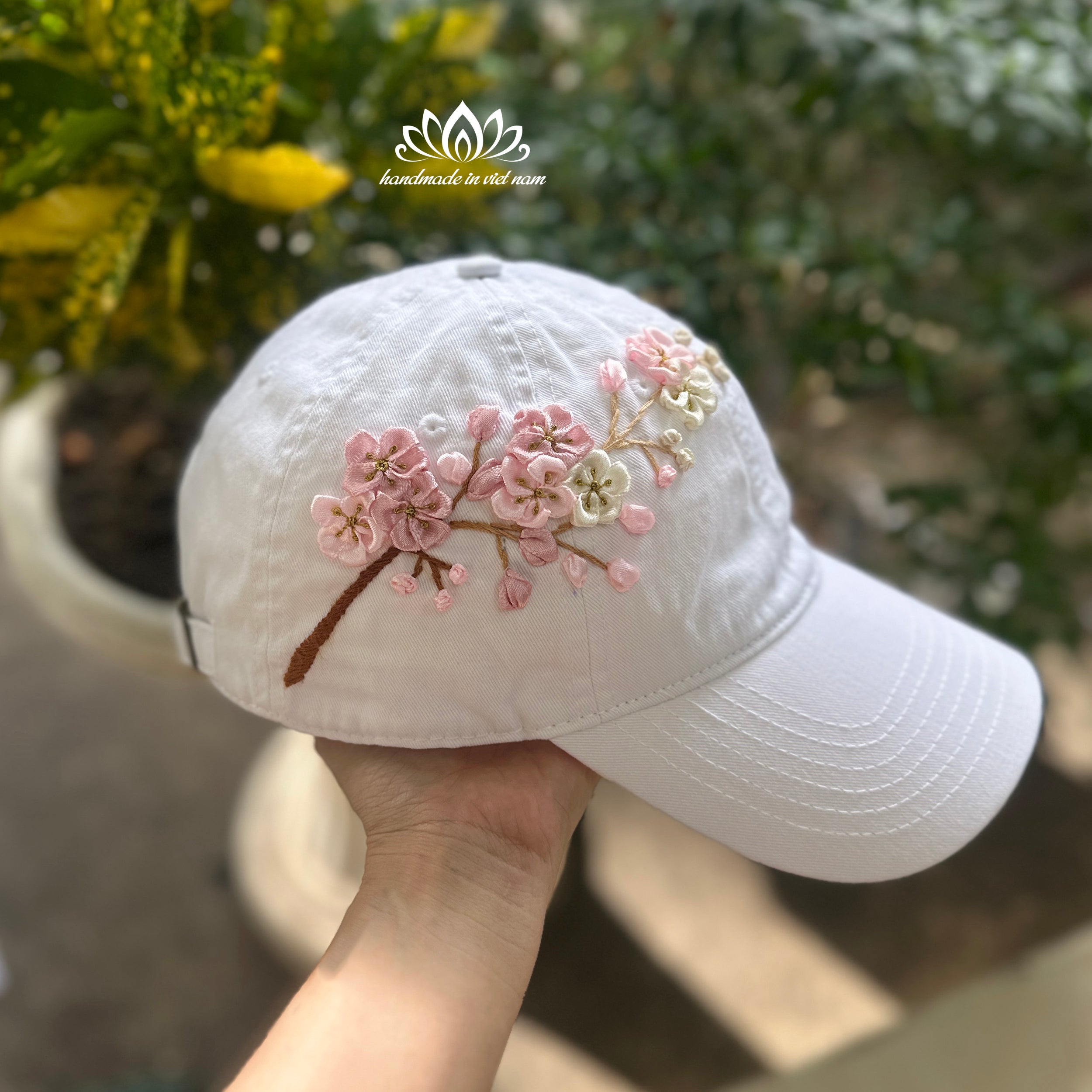 Cherry Blossom Ribbon Embroidered Baseball Cap | Floral Women's Cap
