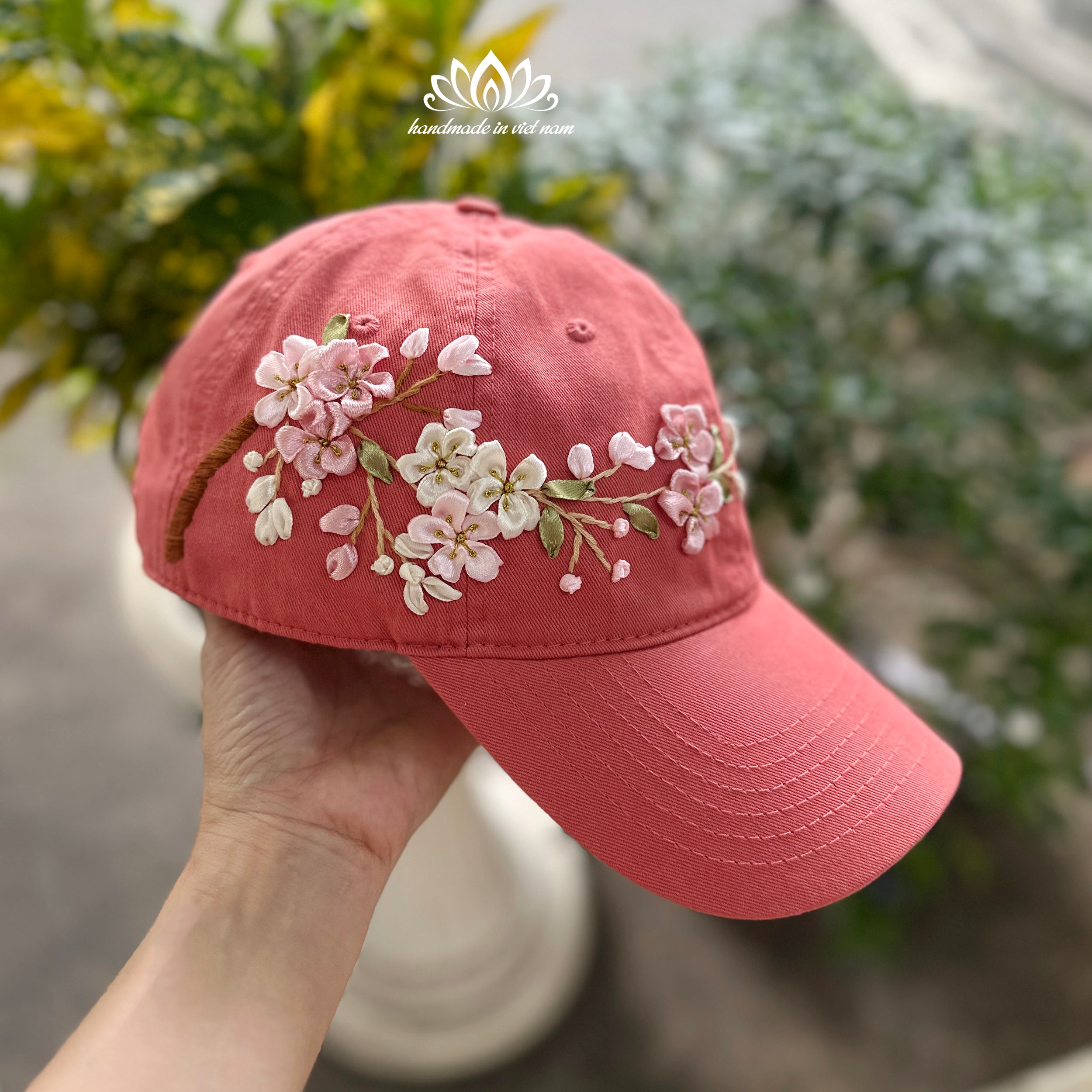 Cherry Blossom Ribbon Embroidered Baseball Cap | Floral Women's Cap