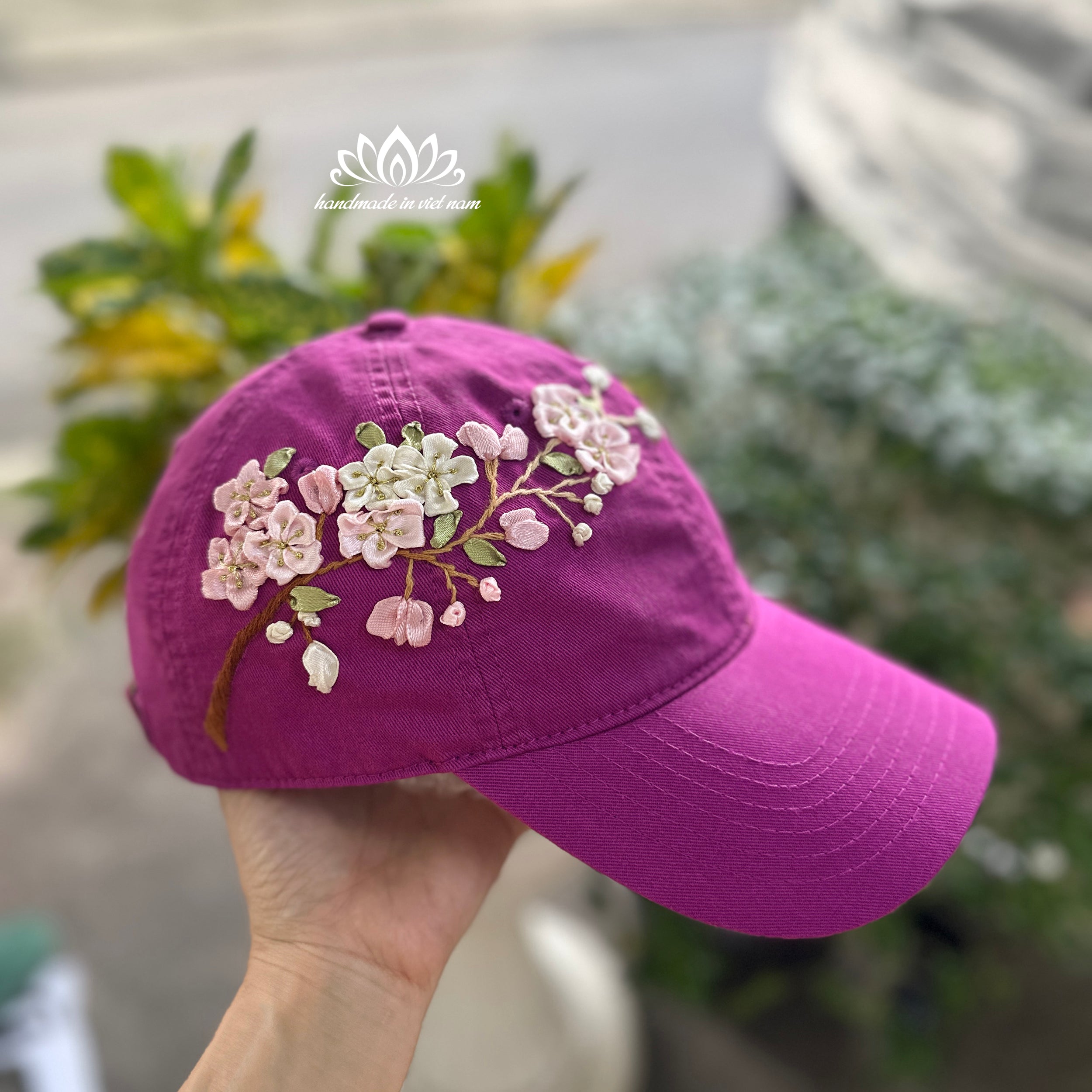 Cherry Blossom Ribbon Embroidered Baseball Cap | Floral Women's Cap