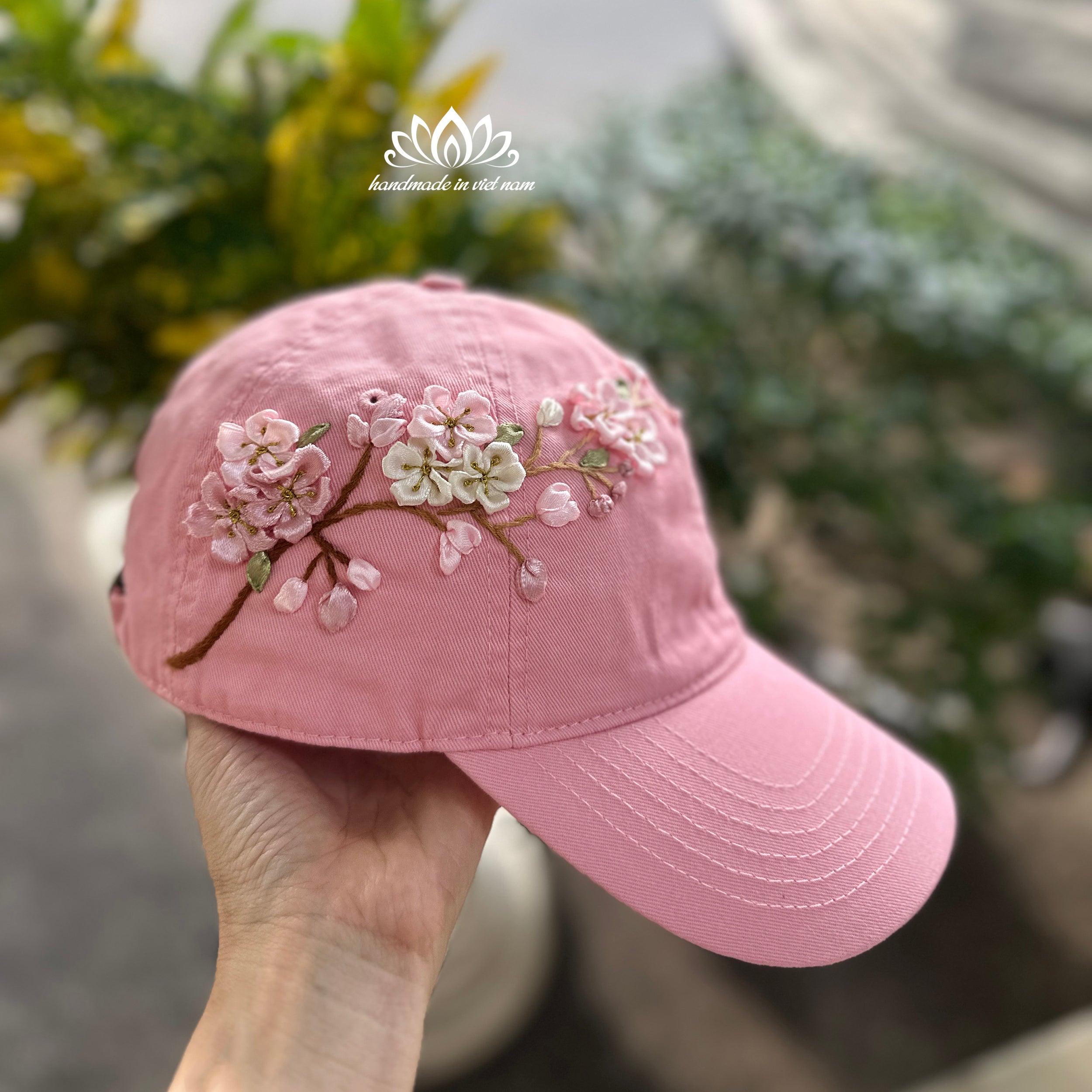 Cherry Blossom Ribbon Embroidered Baseball Cap | Floral Women's Cap