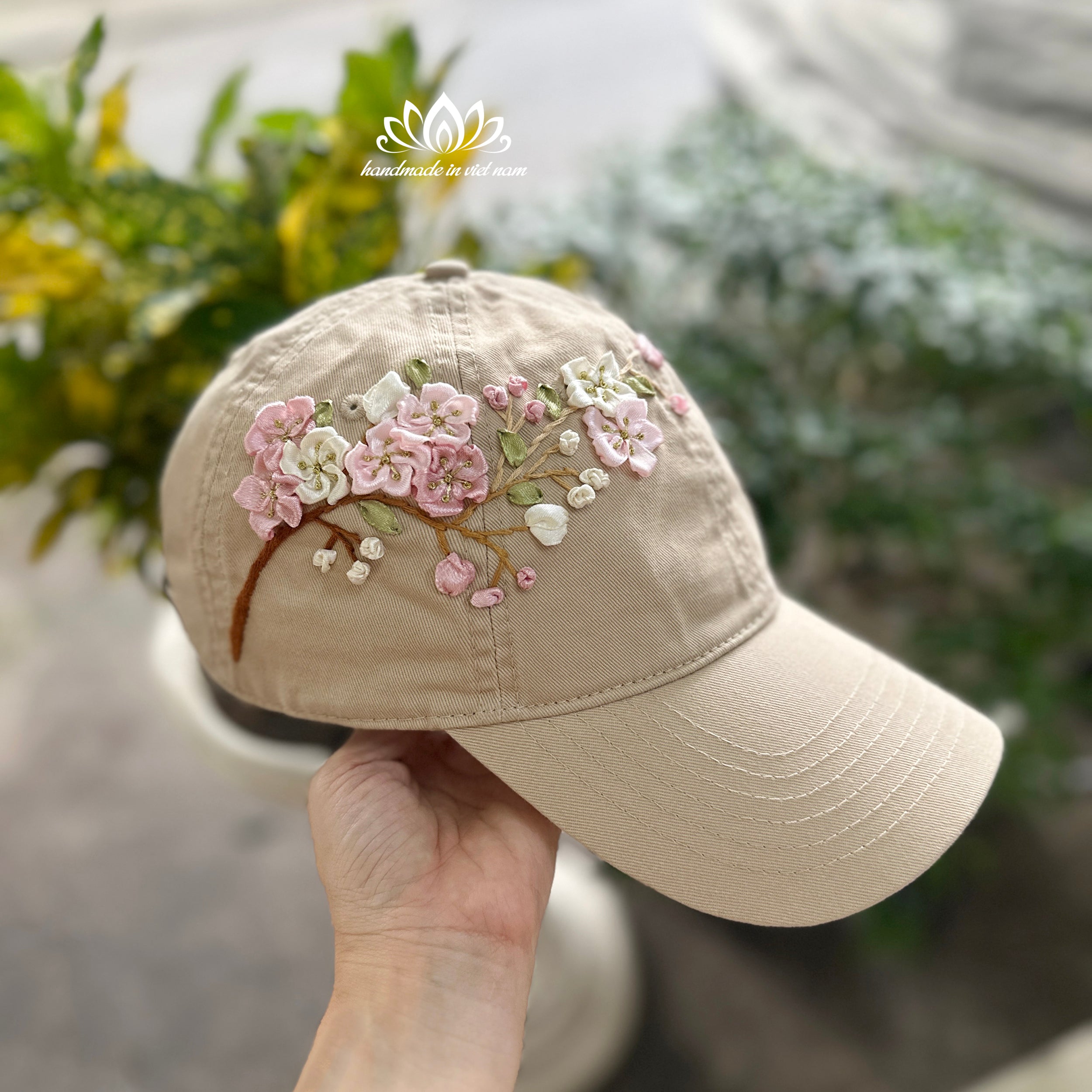 Cherry Blossom Ribbon Embroidered Baseball Cap | Floral Women's Cap