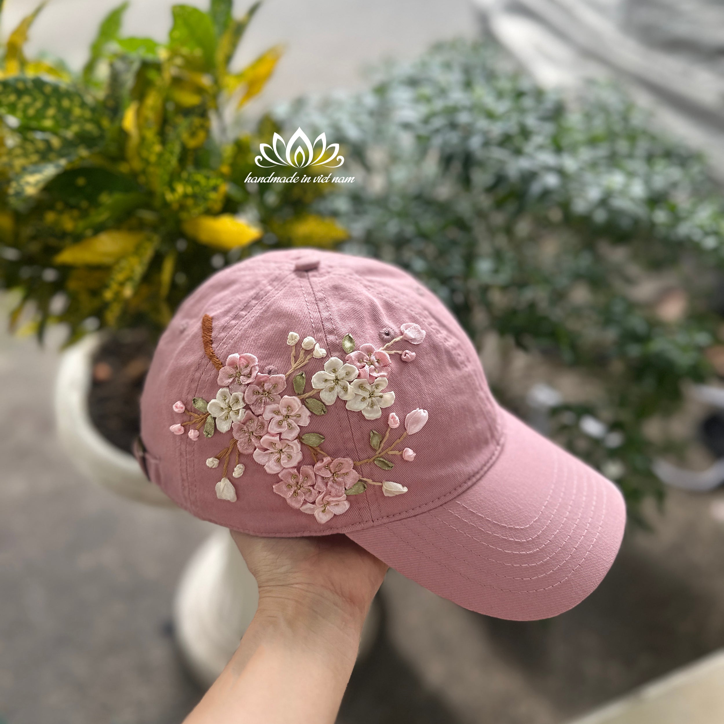Cherry Blossom Ribbon Embroidered Baseball Cap | Floral Women's Cap