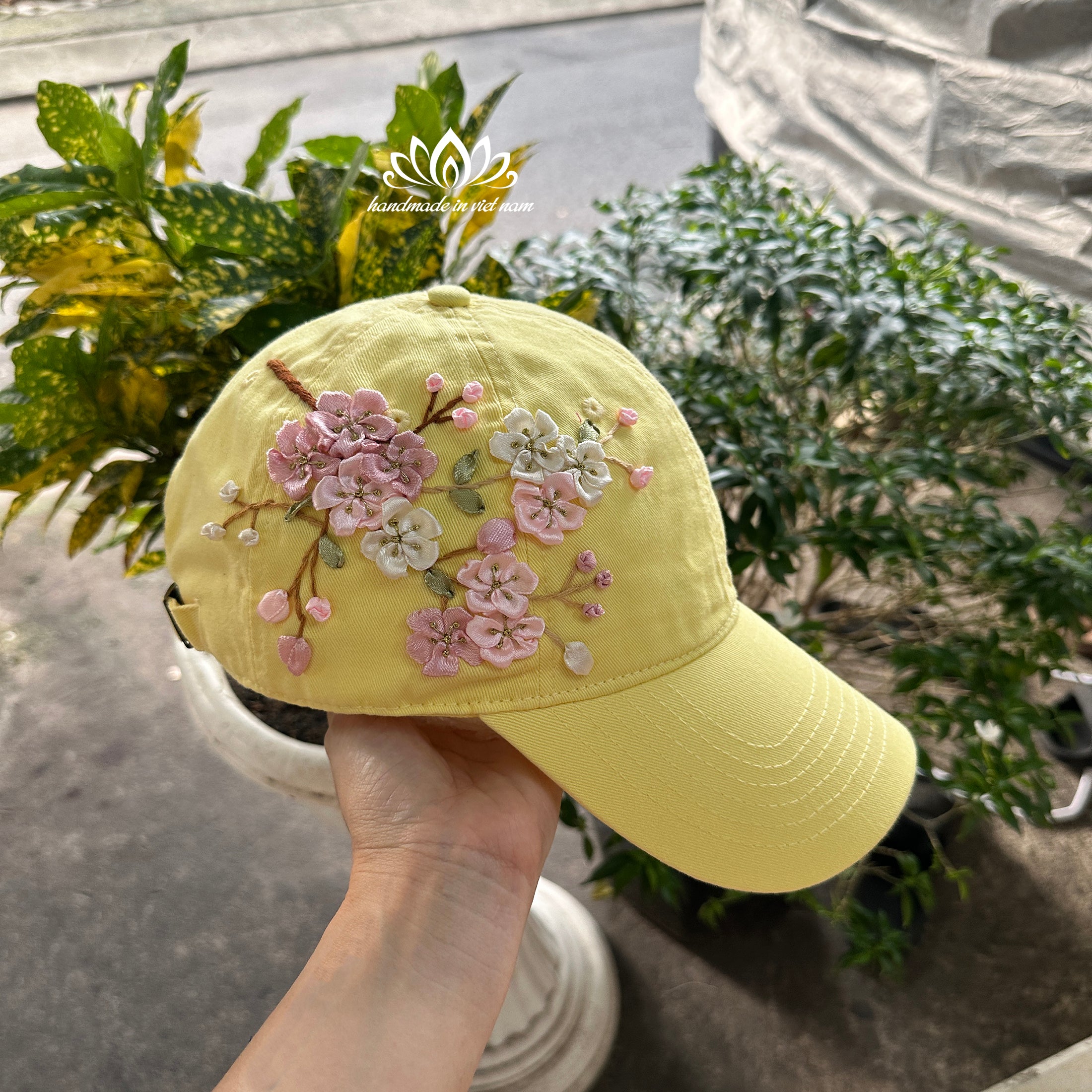 Cherry Blossom Ribbon Embroidered Baseball Cap | Floral Women's Cap