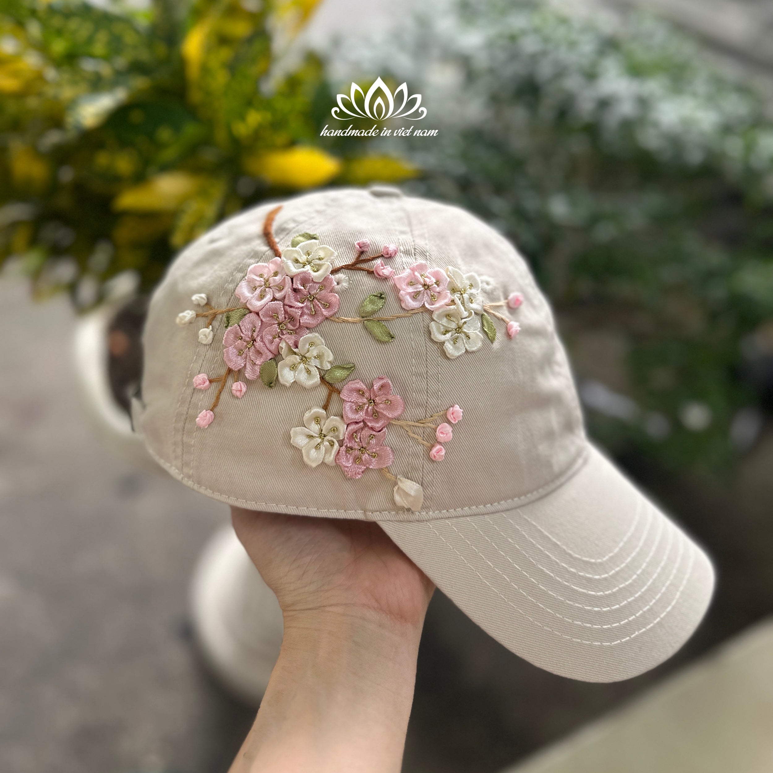Cherry Blossom Ribbon Embroidered Baseball Cap | Floral Women's Cap