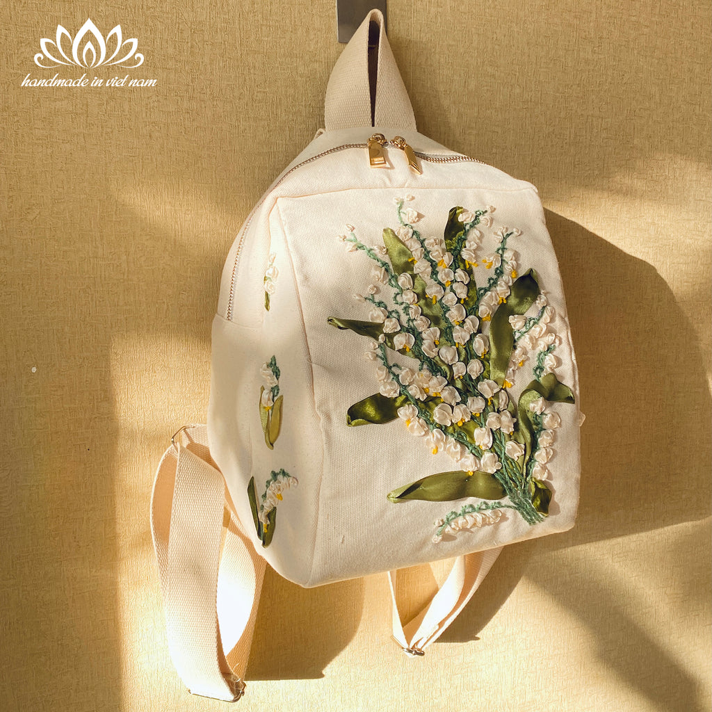 Lily of the Valley Ribbon Embroidered Backpack | A Symbol of Happiness