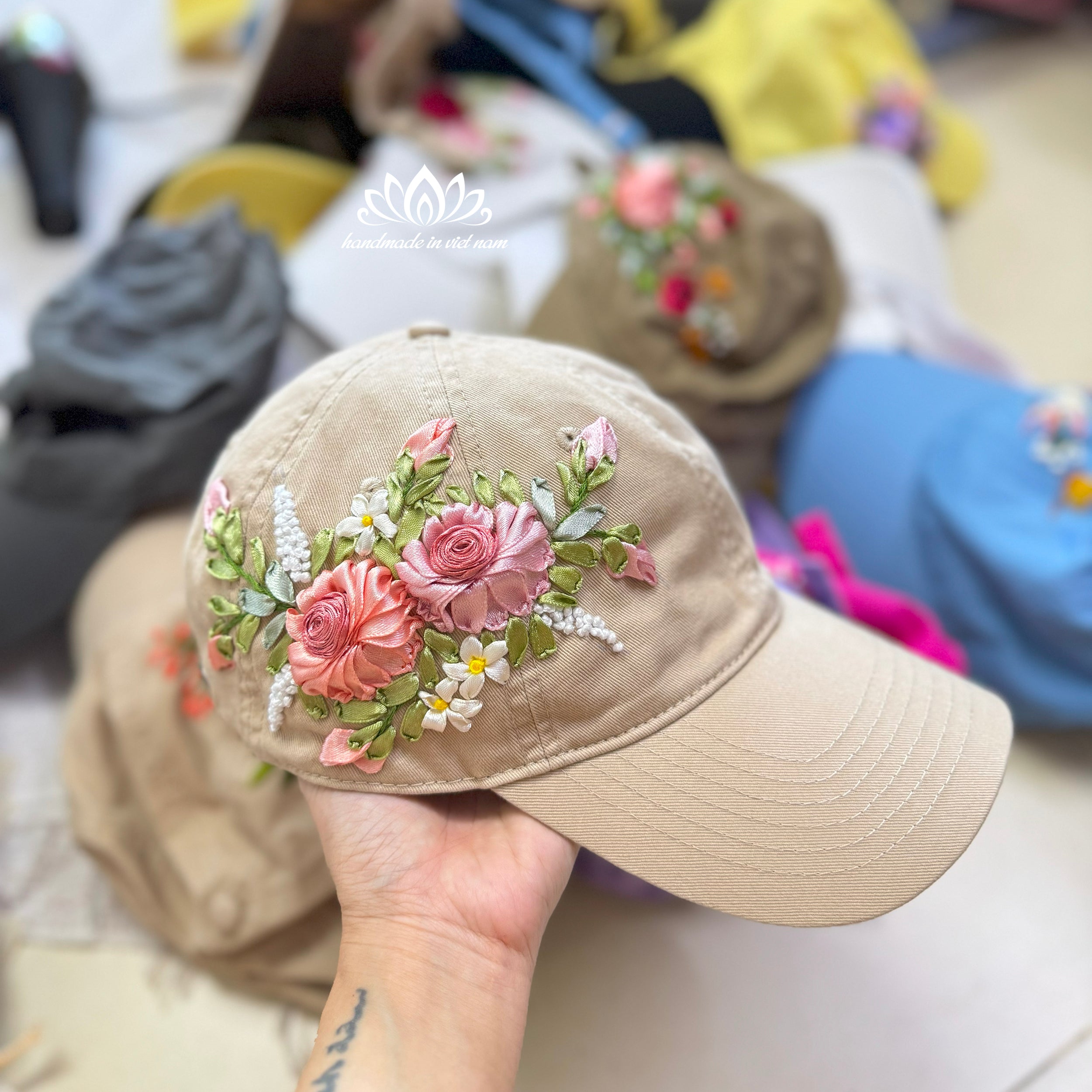 Hand Embroidered Rose Baseball Cap | Ribbon Embroidery Floral Hat