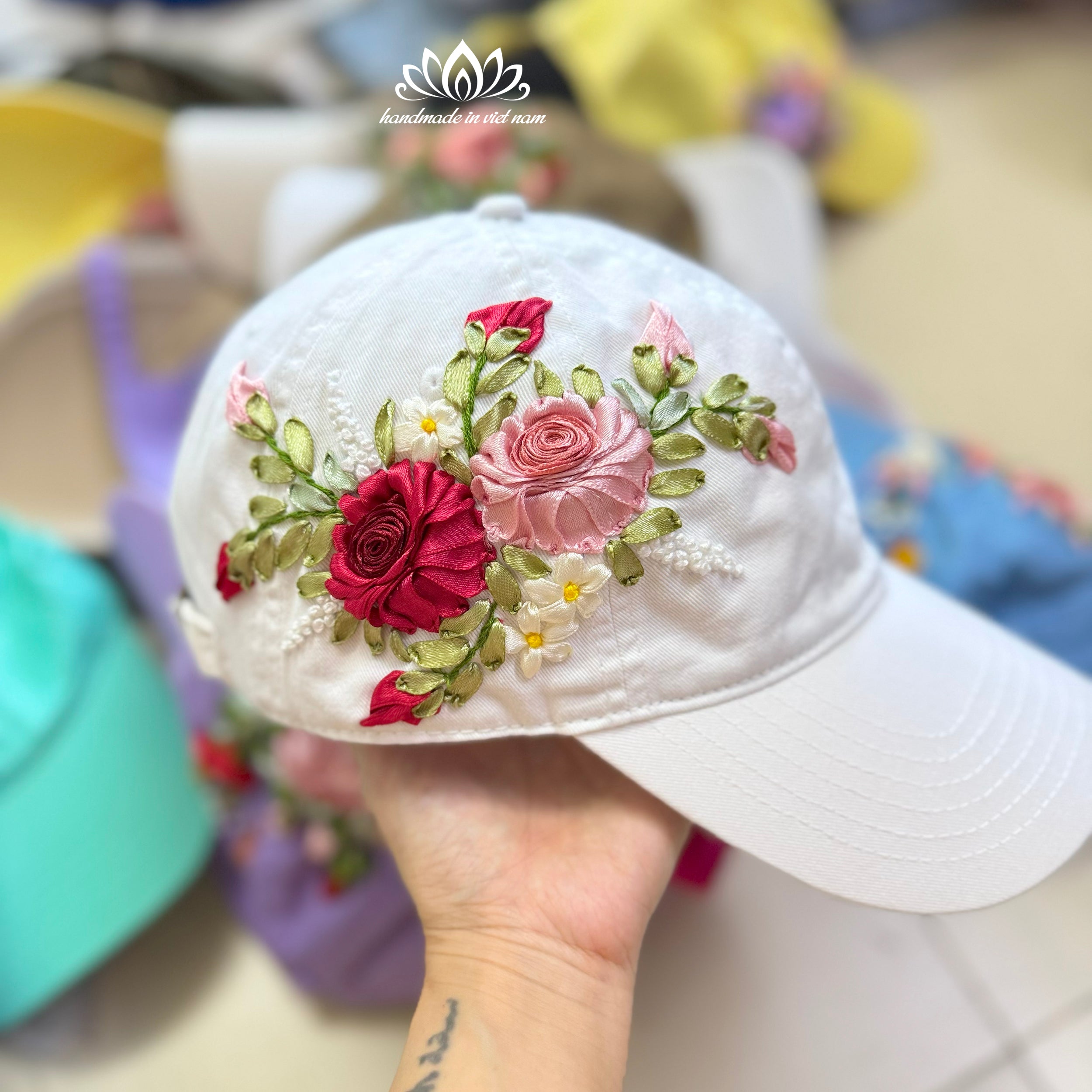 Hand Embroidered Rose Baseball Cap | Ribbon Embroidery Floral Hat