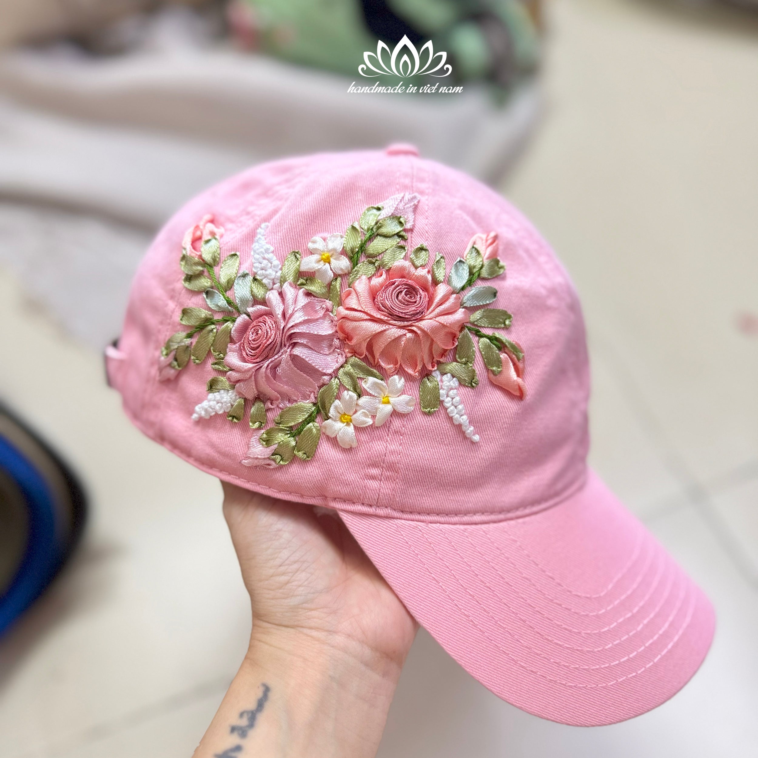 Hand Embroidered Rose Baseball Cap | Ribbon Embroidery Floral Hat