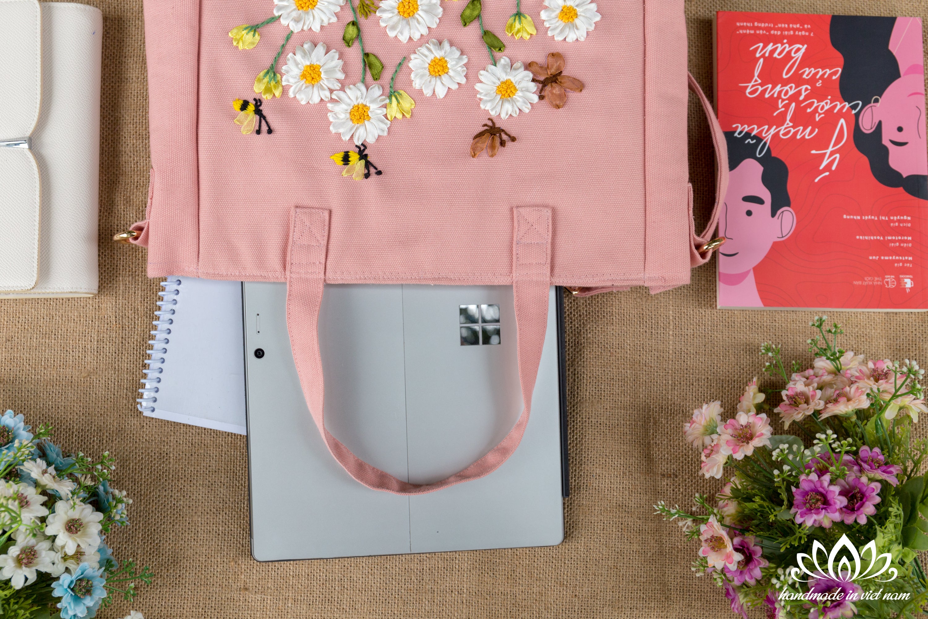 Hand Embroidered Daisy Convertible Backpack Tote | Lotus Vietnam