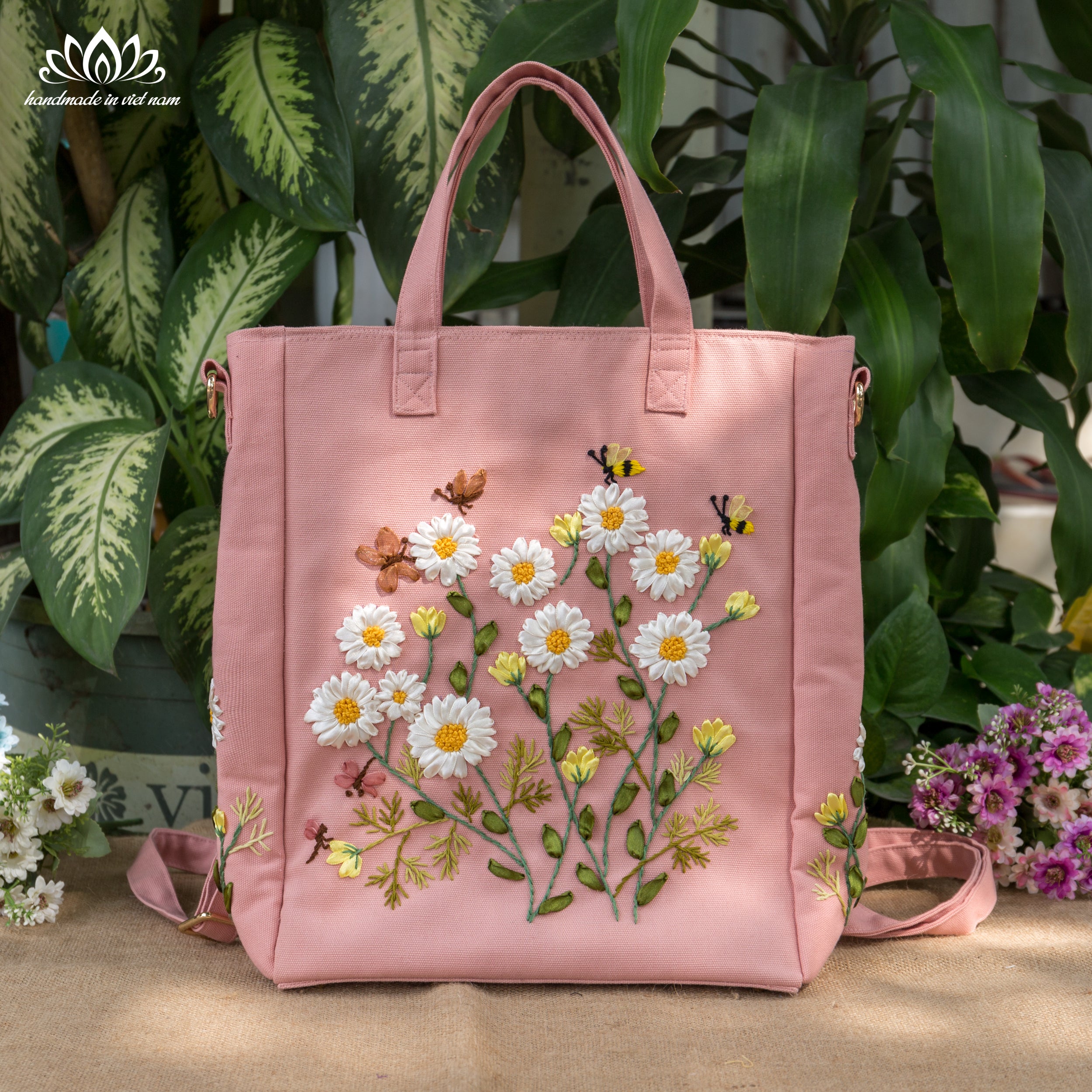 Hand Embroidered Daisy Convertible Backpack Tote | Lotus Vietnam