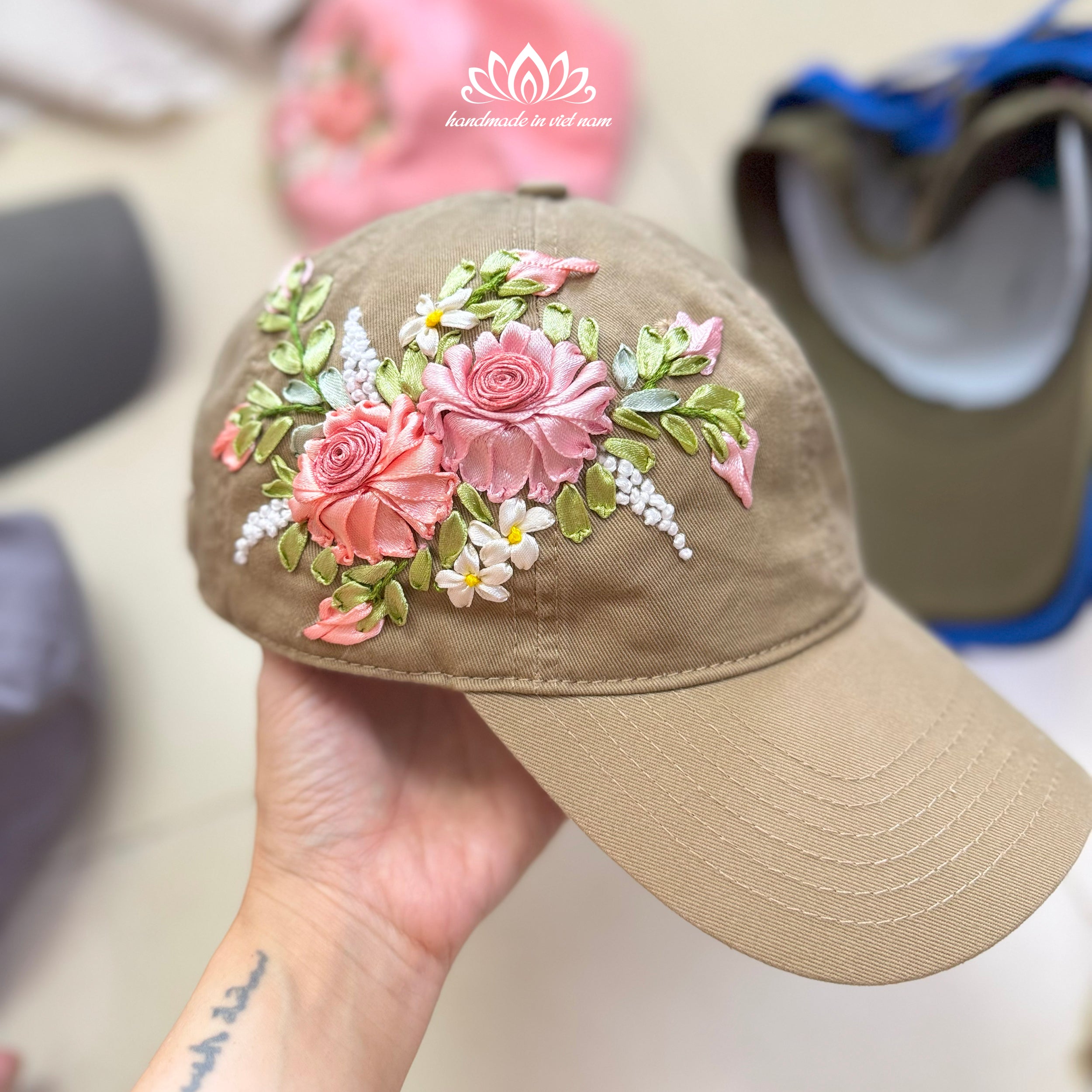 Hand Embroidered Rose Baseball Cap | Ribbon Embroidery Floral Hat