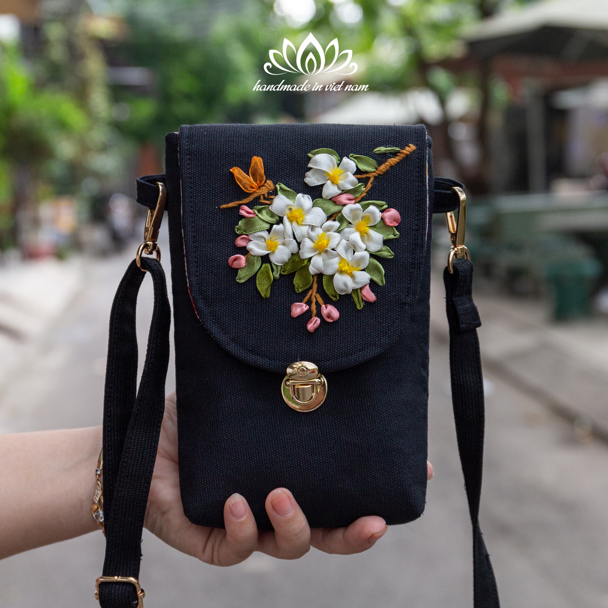 Hand Embroidered Apple Blossom Phone Bag | Crossbody Phone Purse