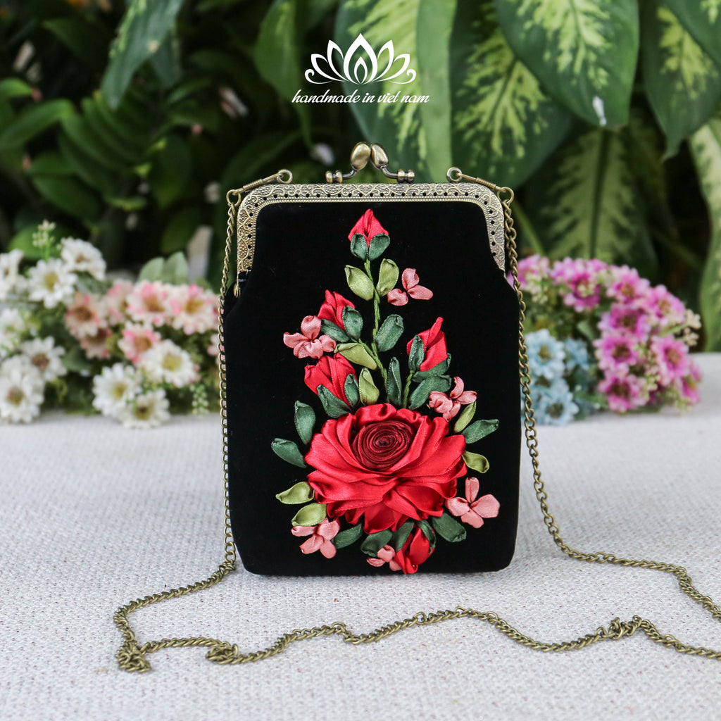 Hand Embroidered Velvet Phone Bag | Ribbon Rose Kiss Lock Purse