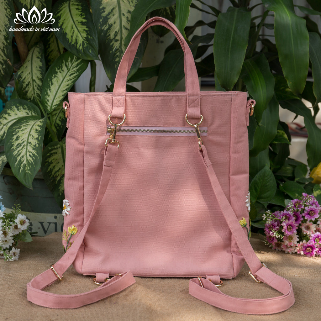 Hand Embroidered Daisy Convertible Backpack Tote | Lotus Vietnam
