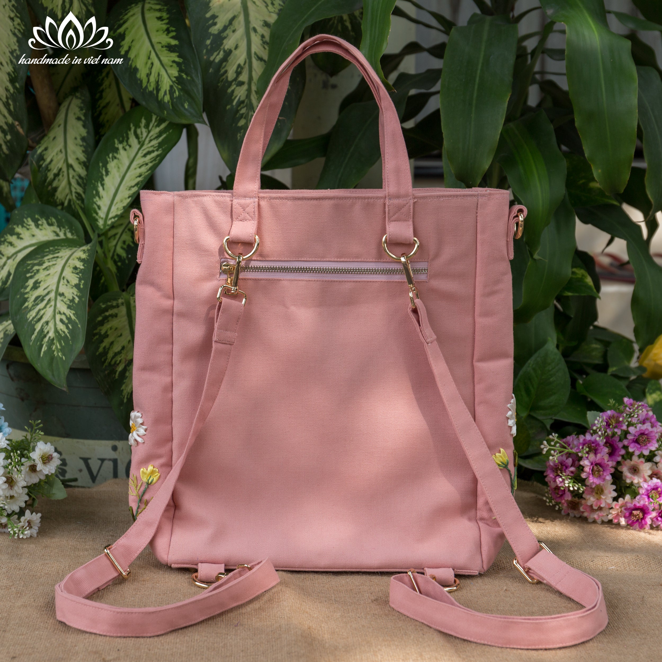 Hand Embroidered Daisy Convertible Backpack Tote | Lotus Vietnam