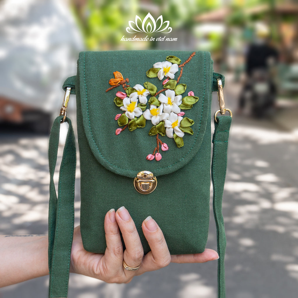 Hand Embroidered Apple Blossom Phone Bag | Crossbody Phone Purse