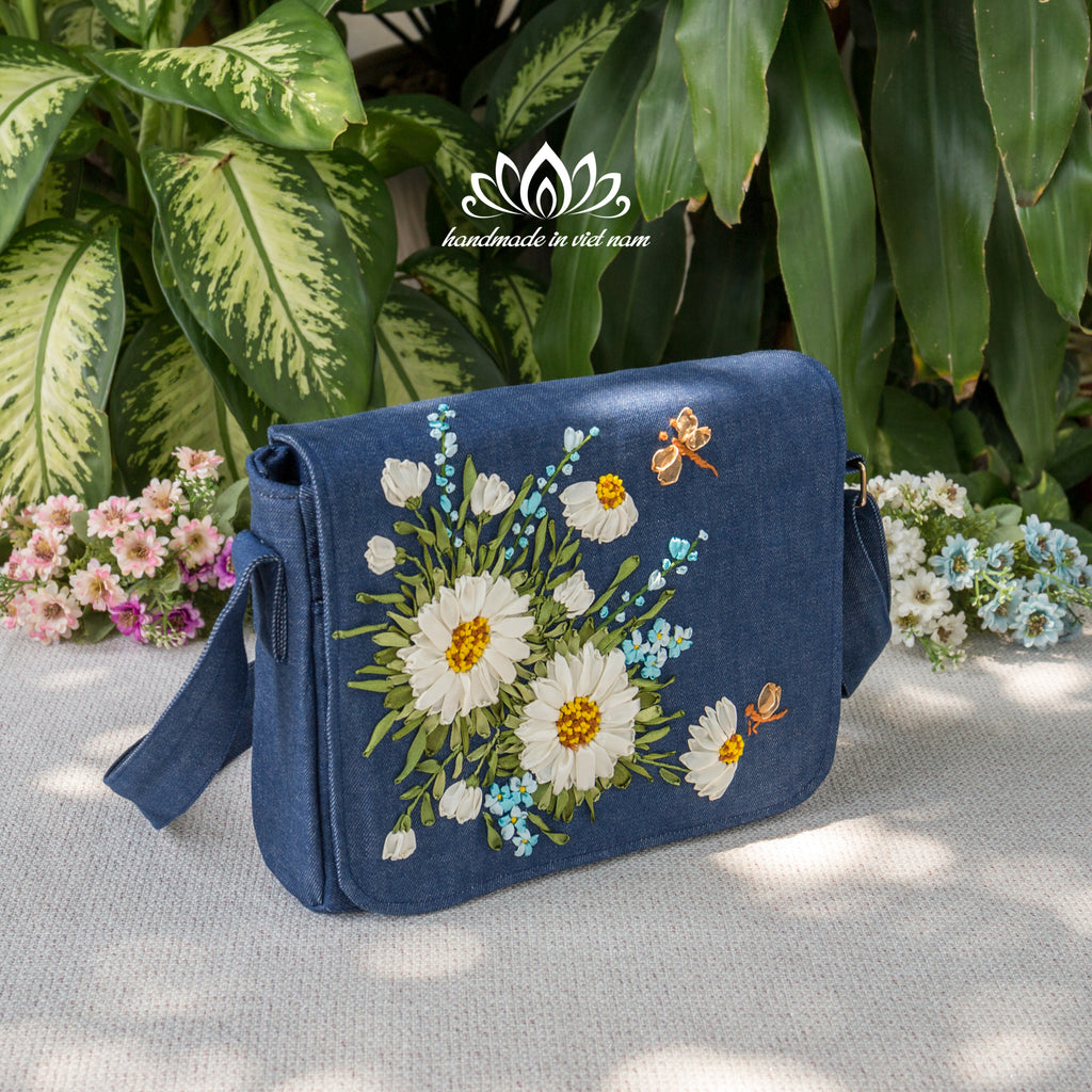 Hand Embroidered Daisy Messenger Bag | Carry a Little Happiness Every Day