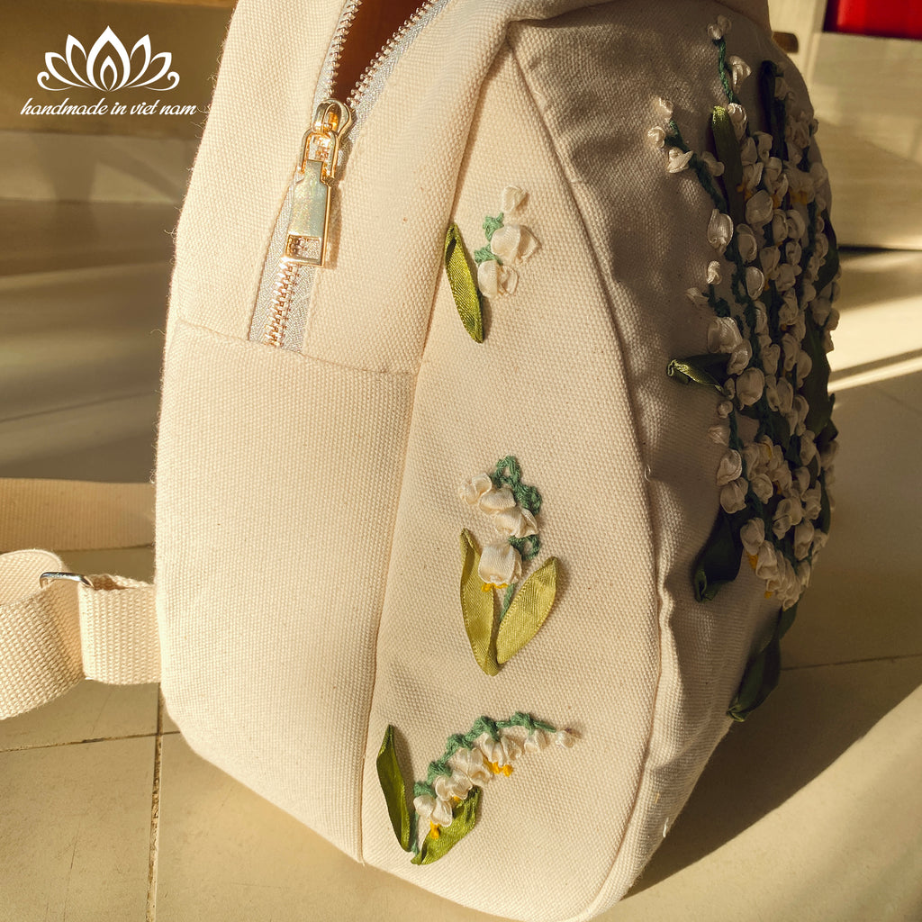 Lily of the Valley Ribbon Embroidered Backpack | A Symbol of Happiness