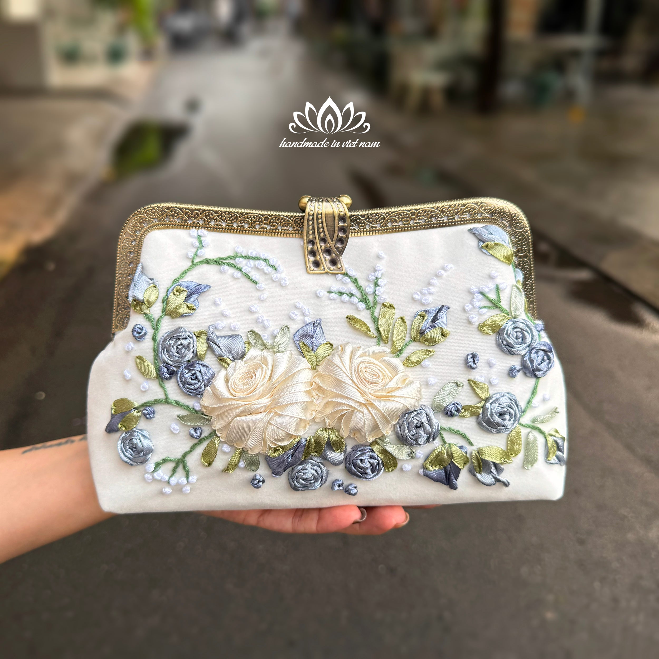 Hand Embroidered Velvet Clutch Bag | Floral Ribbon Embroidery Evening Bag
