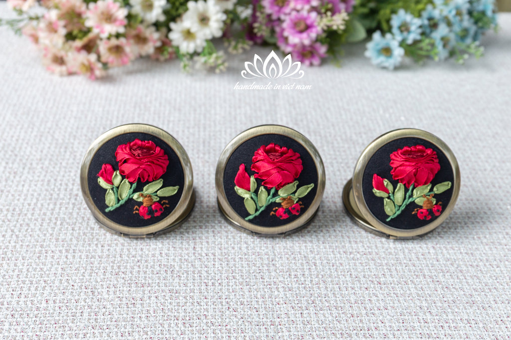 Hand Embroidered Pocket Mirror | Lucky Ladybug Ribbon Rose Gift