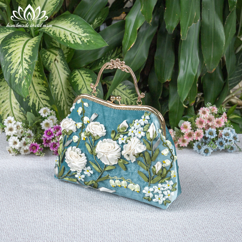 Hand Embroidered White Rose Velvet Kiss Lock Bag | A Gift of Purity and Timeless Love