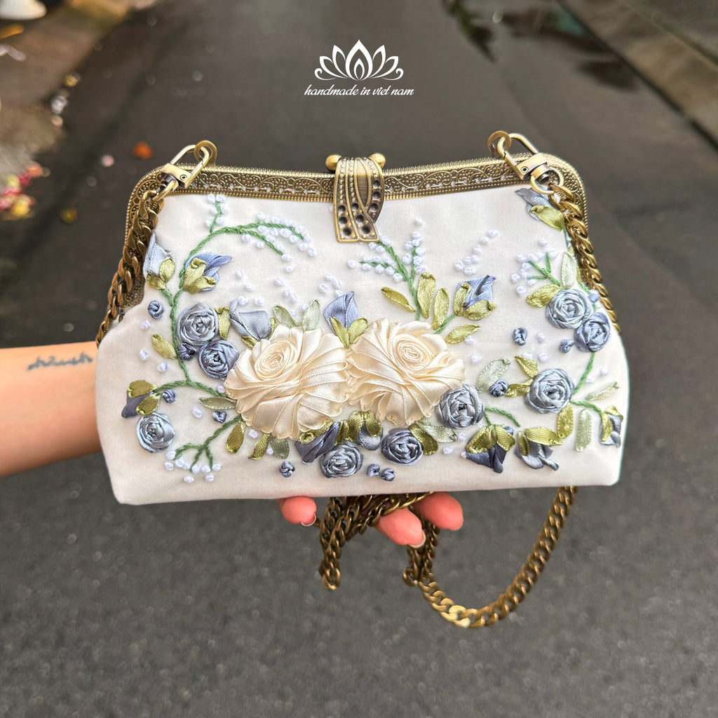 Hand Embroidered Velvet Clutch Bag | Floral Ribbon Embroidery Evening Bag