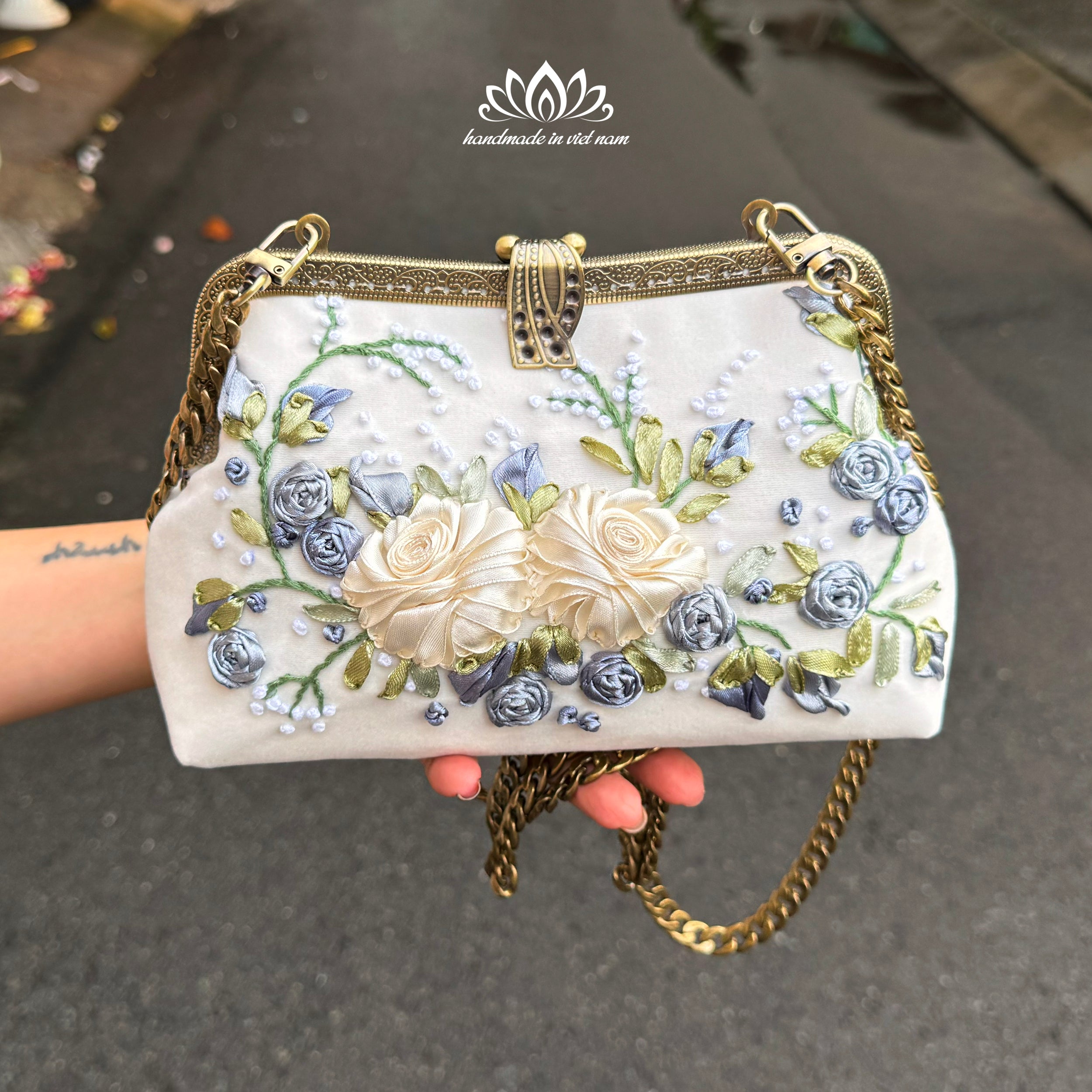 Hand Embroidered Velvet Clutch Bag | Floral Ribbon Embroidery Evening Bag