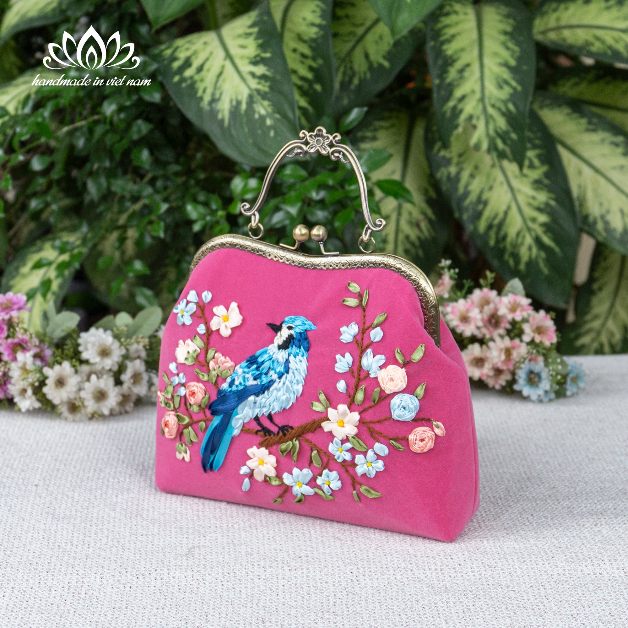 Hand Embroidered Blue Bird Kiss Lock Bag | Handmade Ribbon Embroidery Velvet Purse with Chain Strap
