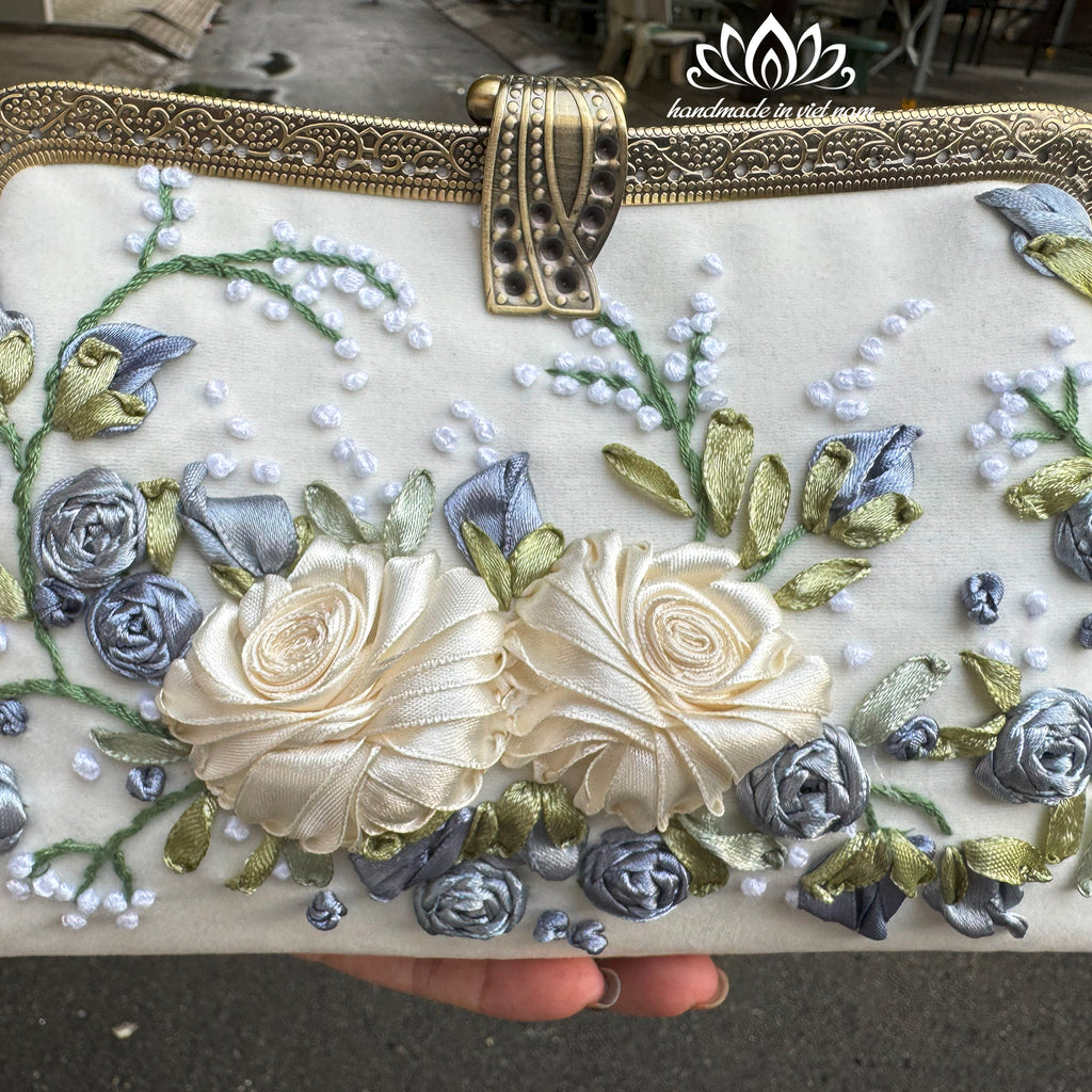 Hand Embroidered Velvet Clutch Bag | Floral Ribbon Embroidery Evening Bag