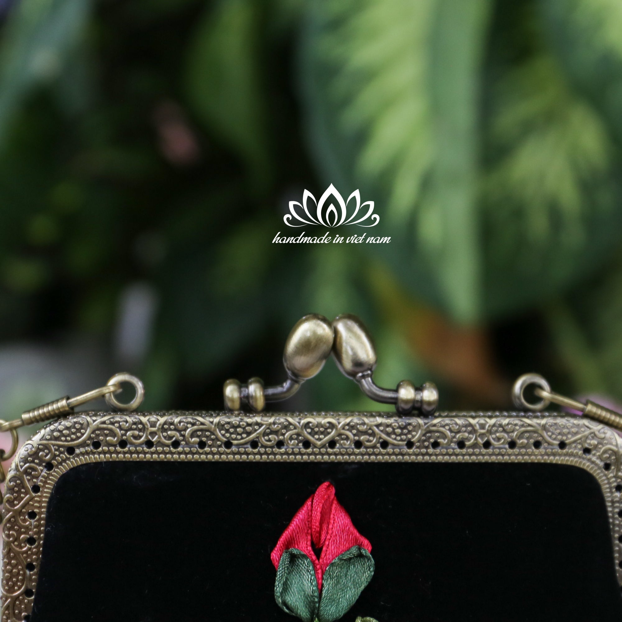 Hand Embroidered Velvet Phone Bag | Ribbon Rose Kiss Lock Purse