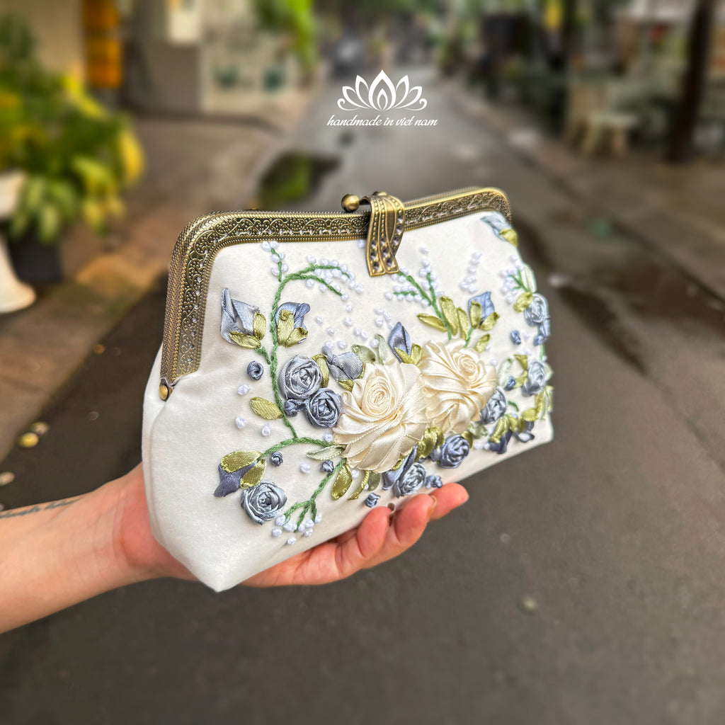 Hand Embroidered Velvet Clutch Bag | Floral Ribbon Embroidery Evening Bag