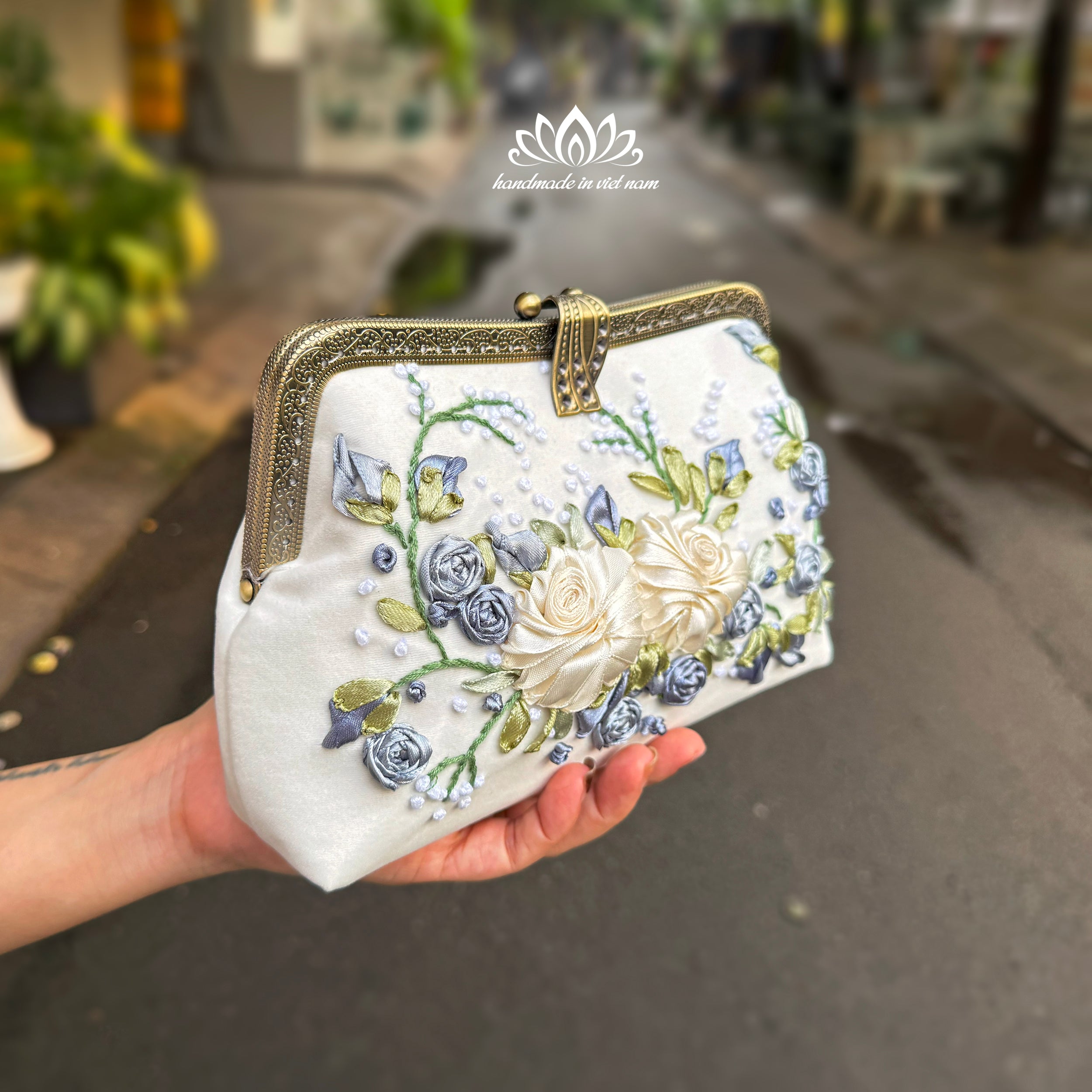 Hand Embroidered Velvet Clutch Bag | Floral Ribbon Embroidery Evening Bag