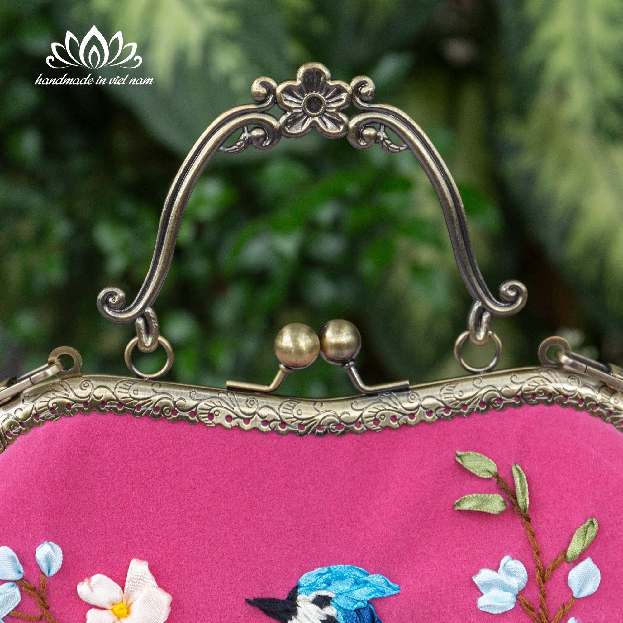 Hand Embroidered Blue Bird Kiss Lock Bag | Handmade Ribbon Embroidery Velvet Purse with Chain Strap