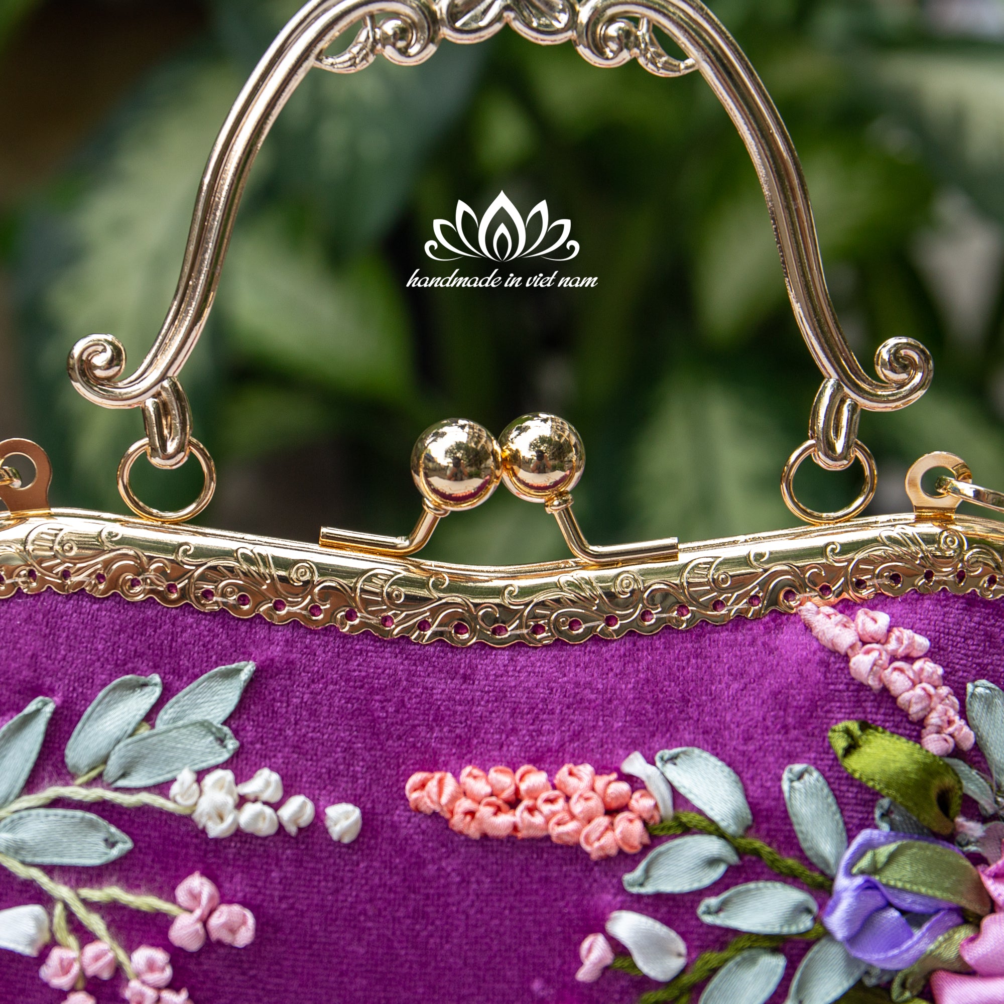 Hand Embroidered Velvet Kiss Lock Bag | Purple Ribbon Rose Purse
