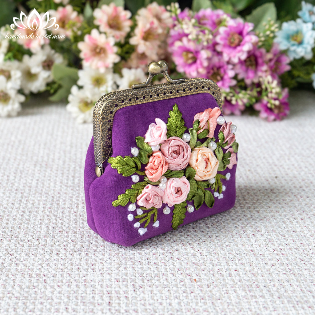 Hand Embroidered Velvet Coin Purse | Handmade Ribbon Embroidery Kiss Lock Pouch