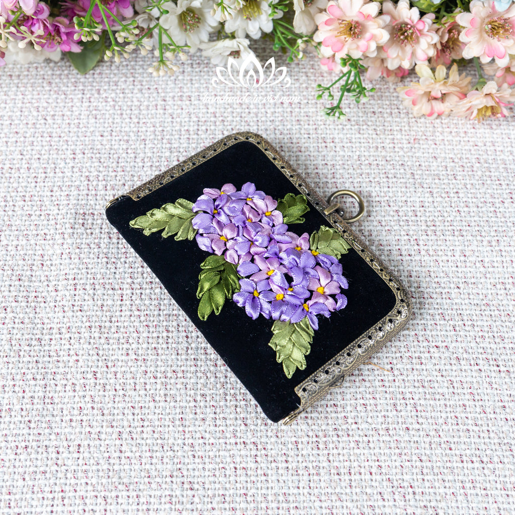 Ribbon Embroidered Mini Card Wallet | Compact Floral Coin Purse