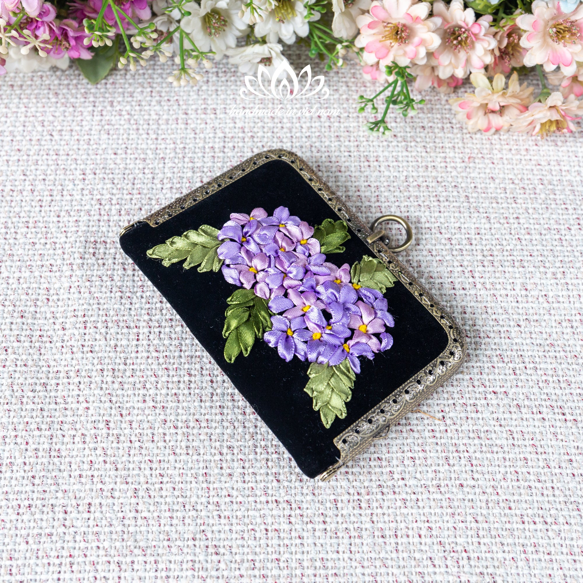 Ribbon Embroidered Mini Card Wallet | Compact Floral Coin Purse