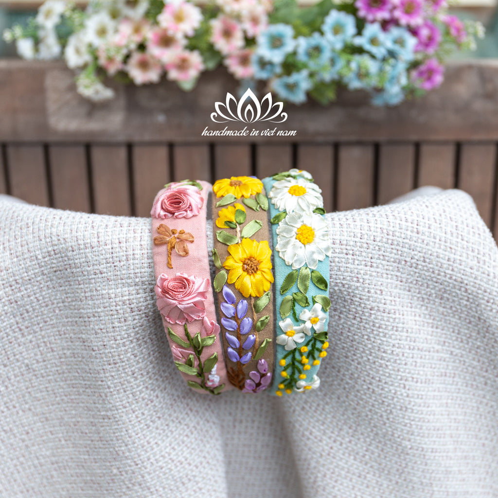 Ribbon Embroidered Linen Headband | Handmade Floral Hair Accessory for Women & Girls
