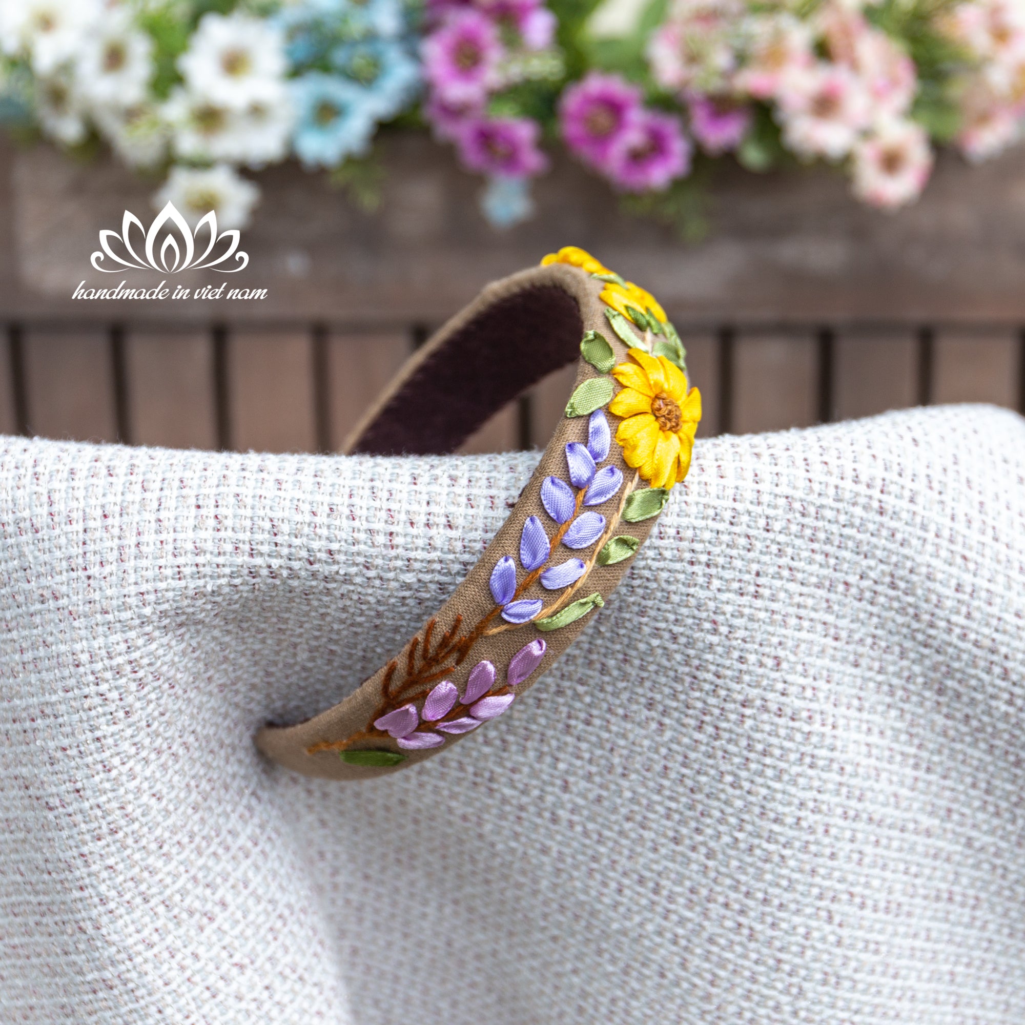Ribbon Embroidered Linen Headband | Handmade Floral Hair Accessory for Women & Girls