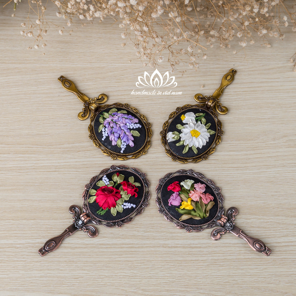 Hand Embroidered Compact Mirror | Ribbon Embroidery Floral Hand Mirror