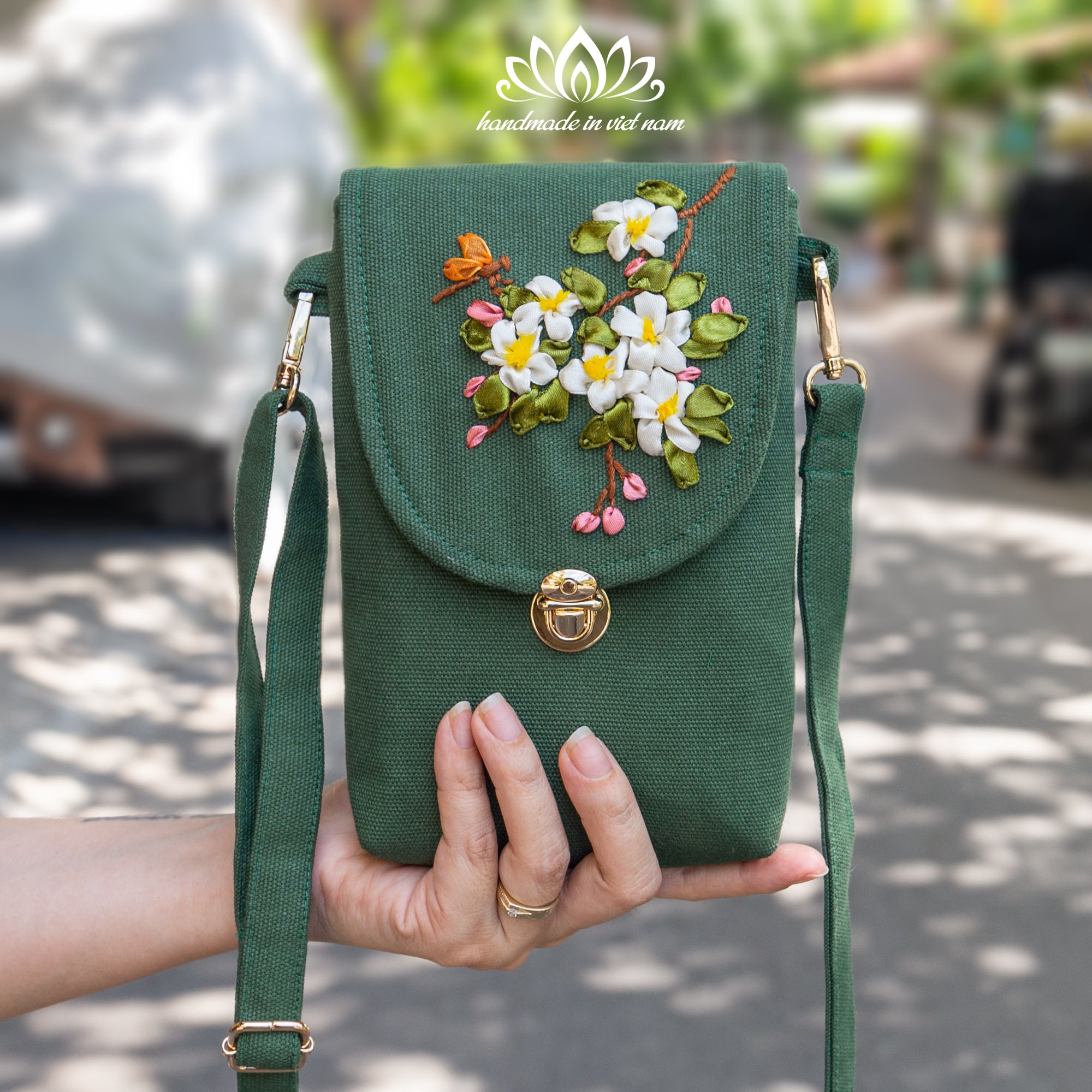 Hand Embroidered Apple Blossom Phone Bag | Crossbody Phone Purse