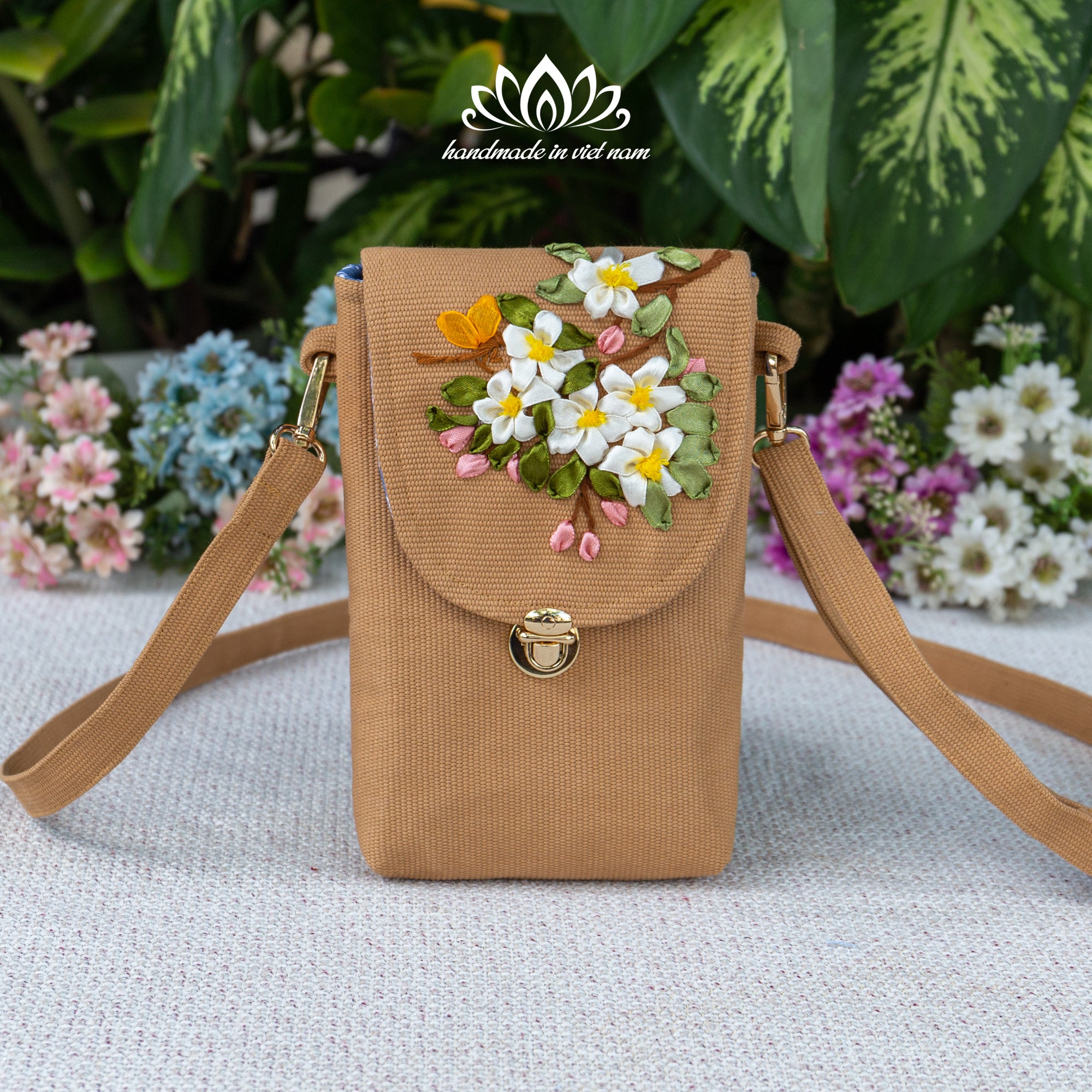 Hand Embroidered Apple Blossom Phone Bag | Crossbody Phone Purse