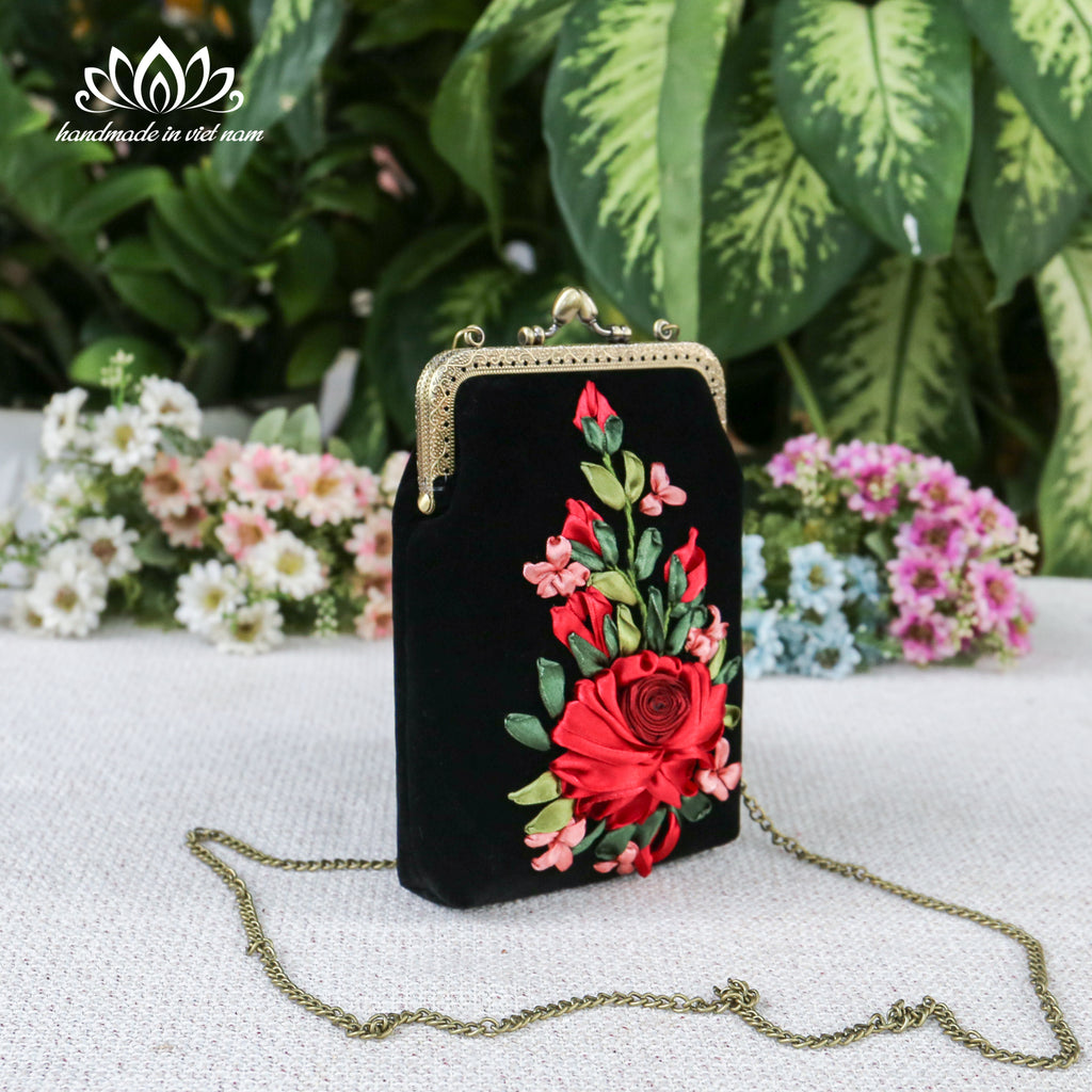 Hand Embroidered Velvet Phone Bag | Ribbon Rose Kiss Lock Purse