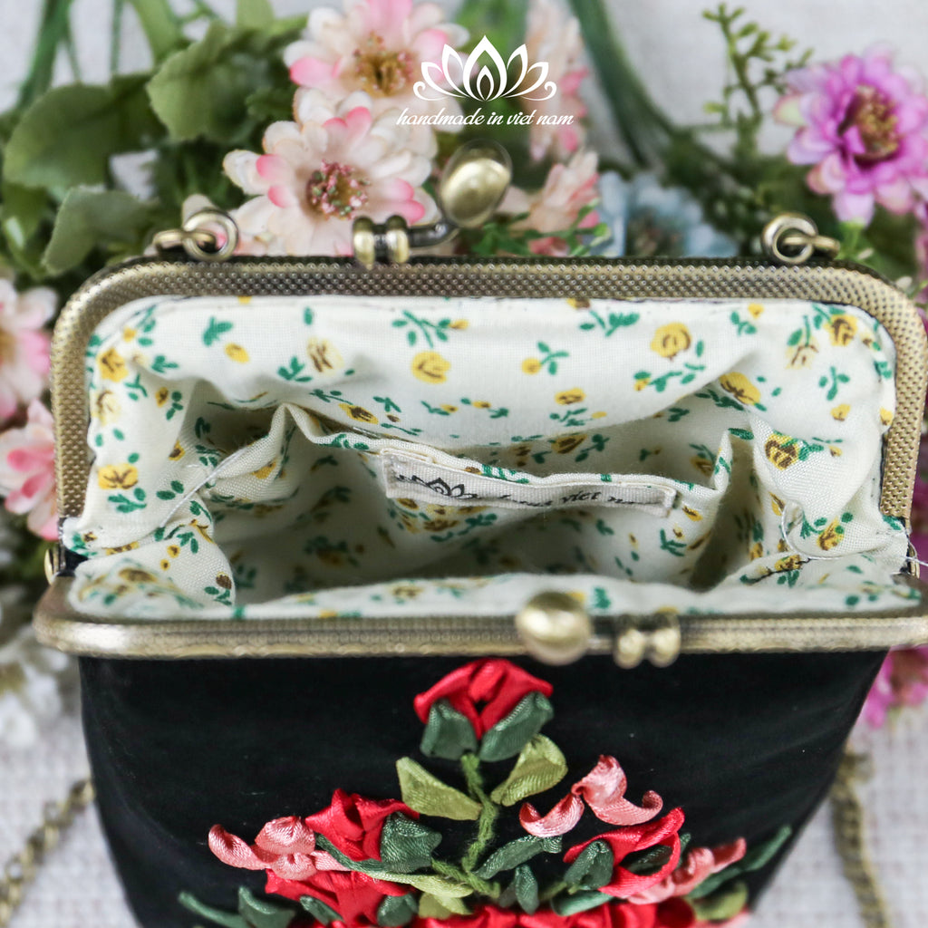 Hand Embroidered Velvet Phone Bag | Ribbon Rose Kiss Lock Purse