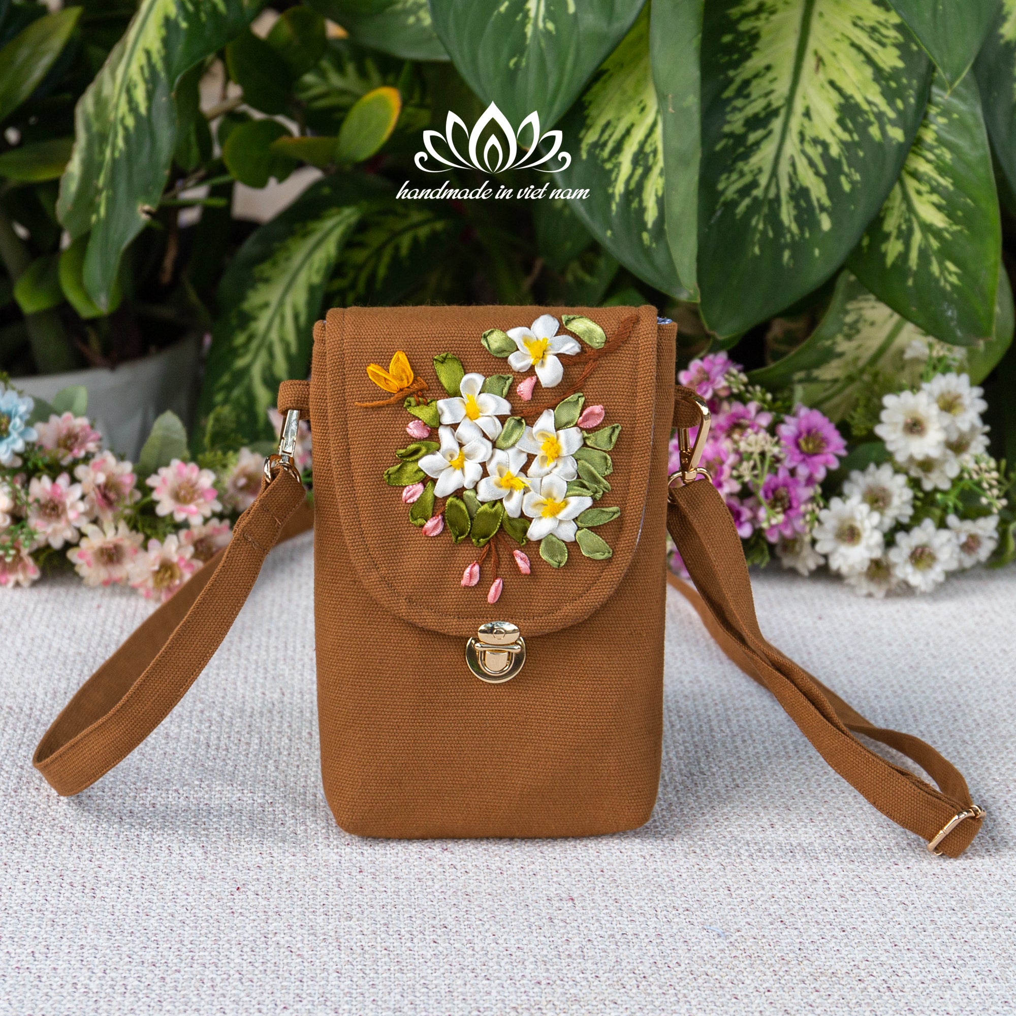 Hand Embroidered Apple Blossom Phone Bag | Crossbody Phone Purse