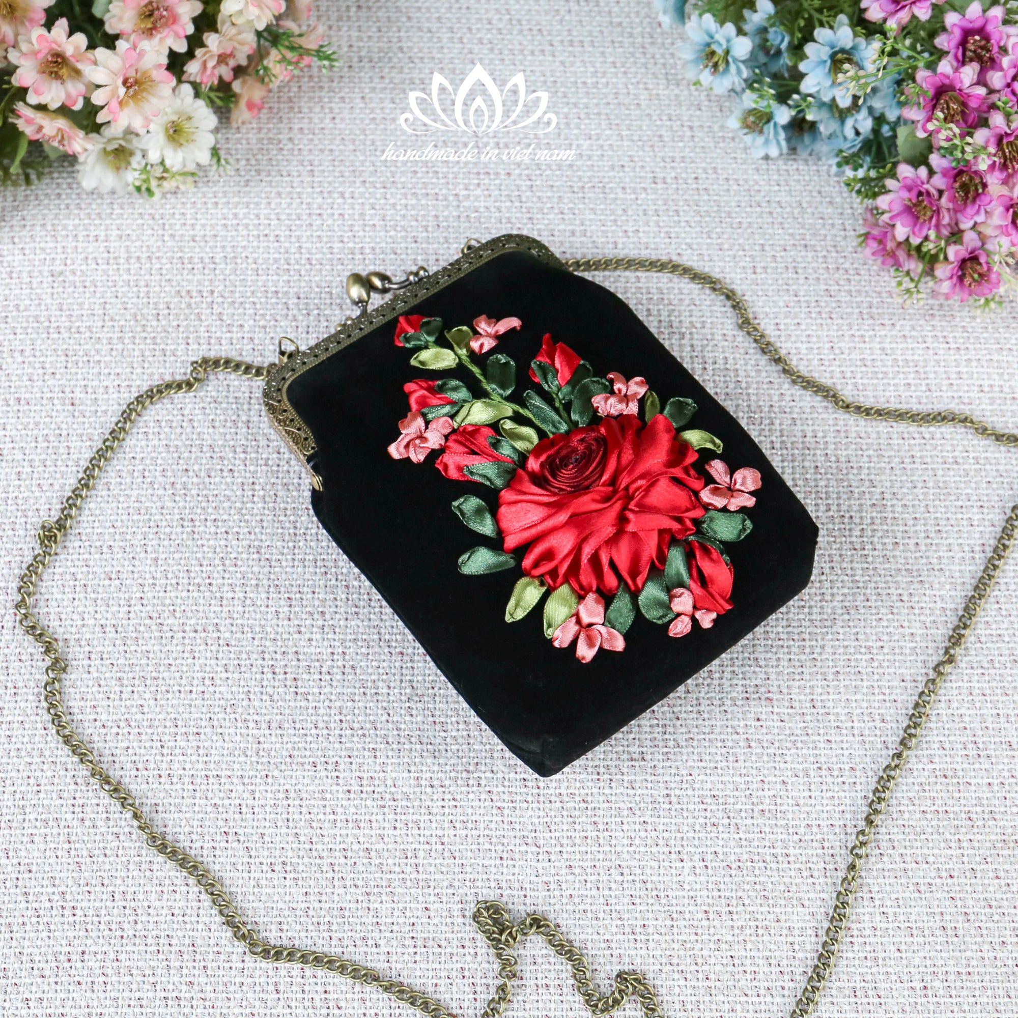 Hand Embroidered Velvet Phone Bag | Ribbon Rose Kiss Lock Purse