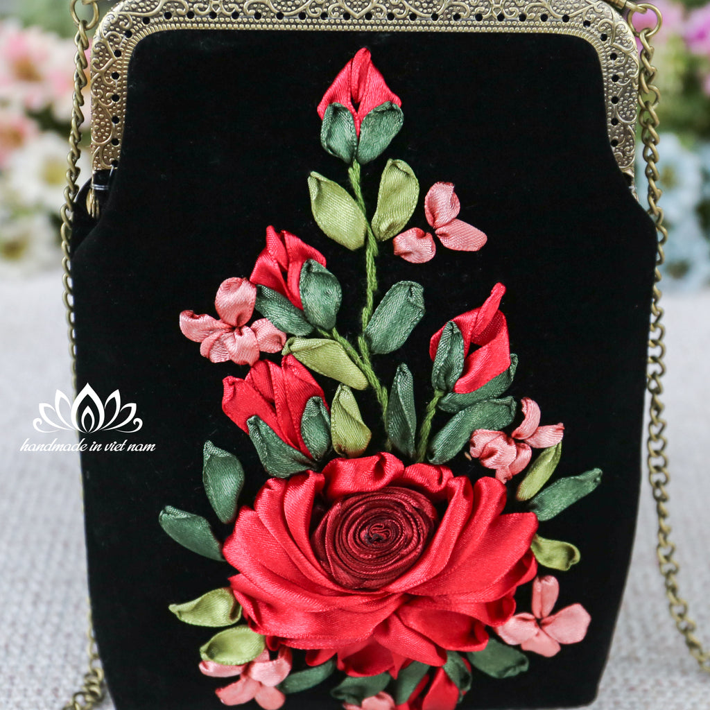 Hand Embroidered Velvet Phone Bag | Ribbon Rose Kiss Lock Purse