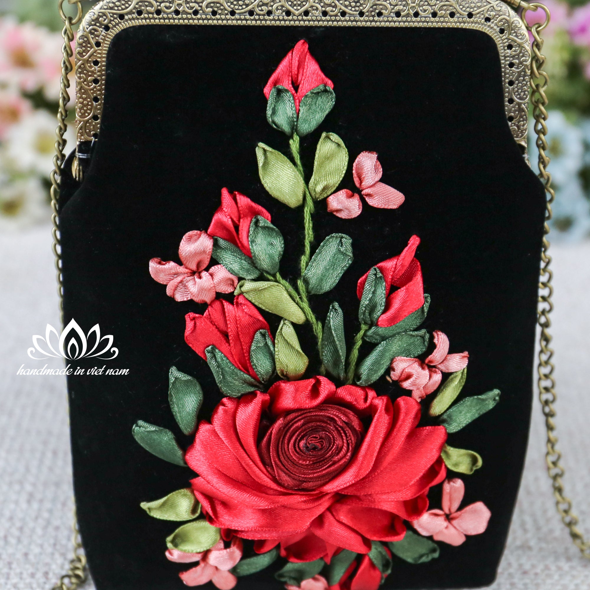 Hand Embroidered Velvet Phone Bag | Ribbon Rose Kiss Lock Purse