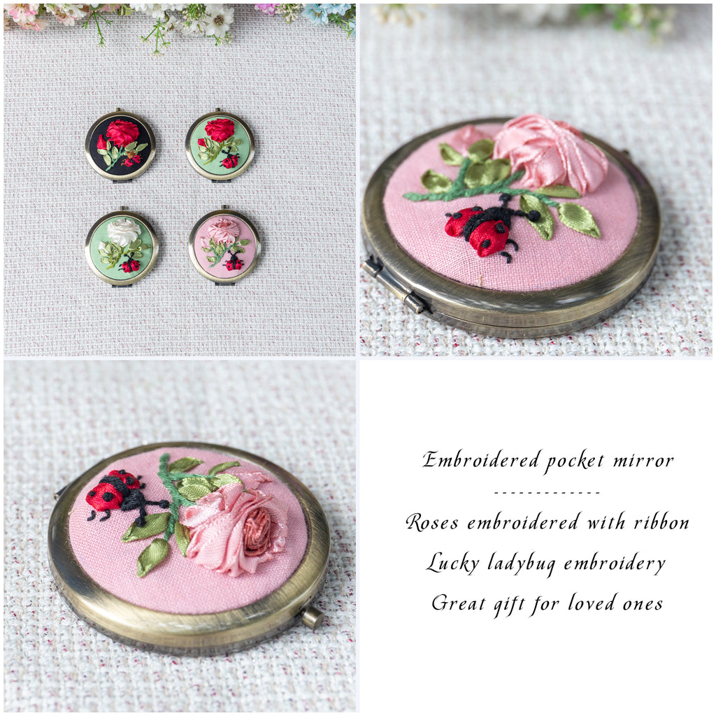 Hand Embroidered Pocket Mirror | Lucky Ladybug Ribbon Rose Gift